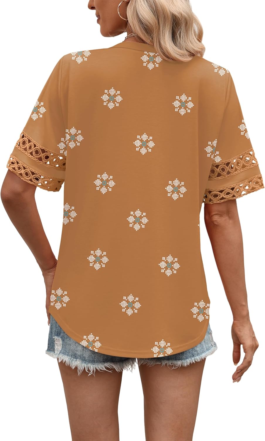 XIEERDUO Womens Summer Tops Dressy Casual Blouses for Women V Neck Short Sleeve Shirts Fashion Clothes Curved Hem Flowy - Image 5