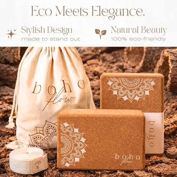 Cork Yoga Block Set 2 Pack with Strap & Canvas Bag | Luxury Portuguese Yoga Blocks 9x6x3 | Heavy-Duty, Non-Slip Support | Eco-Friendly, Plastic-Free Materials