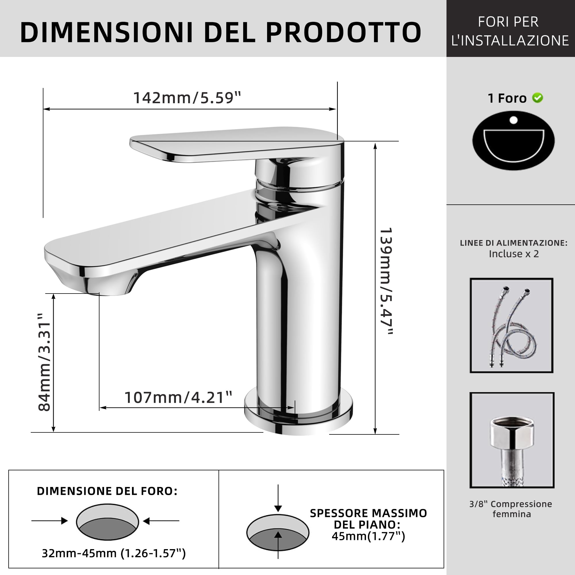 BELZ Miscelatore Lavabo Cromato in Ottone Massiccio, Rubinetto Monocomando | Senza Piombo e Antiruggine, Risparmio Idrico 40%, Cartuccia Ceramica 500.000 Cicli, Antigoccia, Silenzioso e Antischizzo