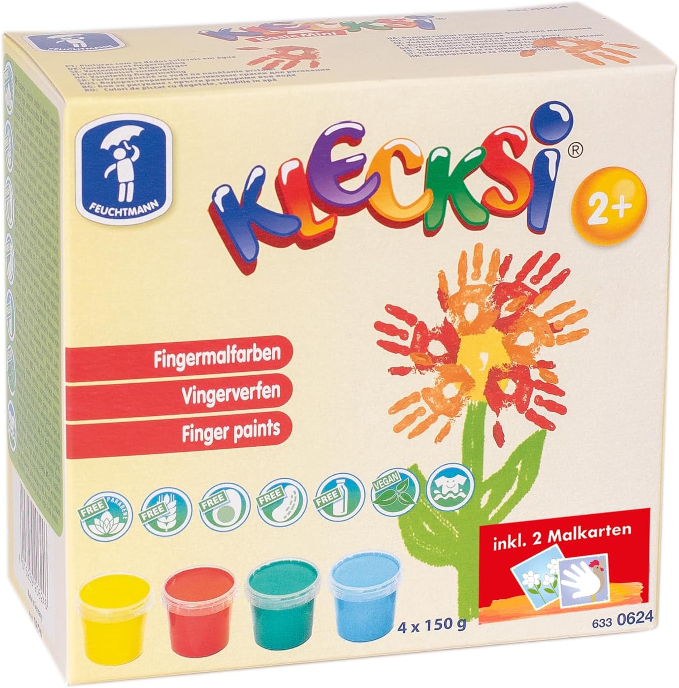 Feuchtmann 633 0654 0654-Klecksi Finger Basic Mini, 4 Tins of Approx. 150 g, Colours for Children Aged 2 and up, Includes Painting Cards