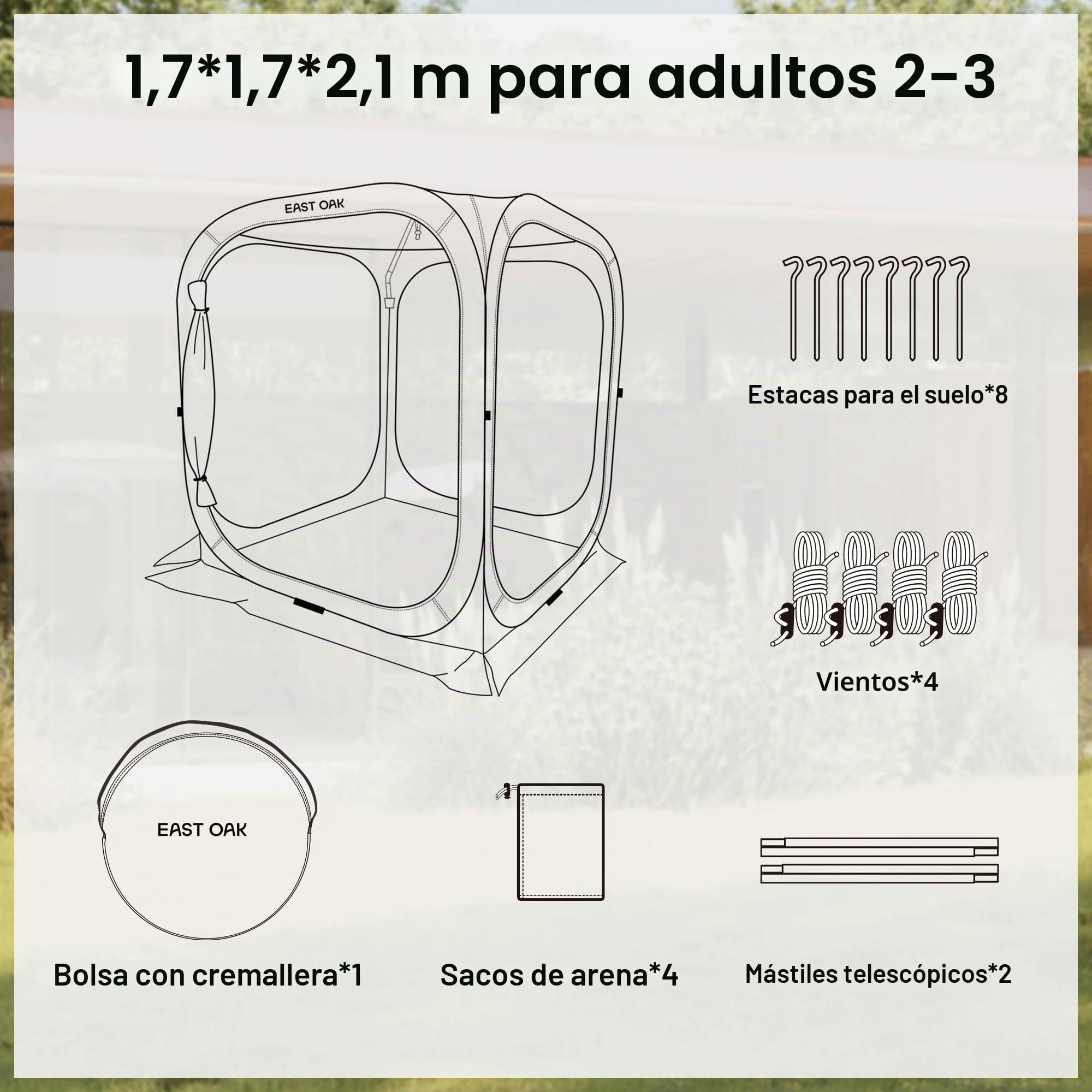 EAST OAK Carpa Plegable 1,7×1,7M para Exteriores, Pergolas de Jardin para 2-3 personas, Pop-up Carpas para Camping, Protección UPF 50+, Ventilación 360°, Anti Mosquitos, con Bolsa de Transporte, Beige