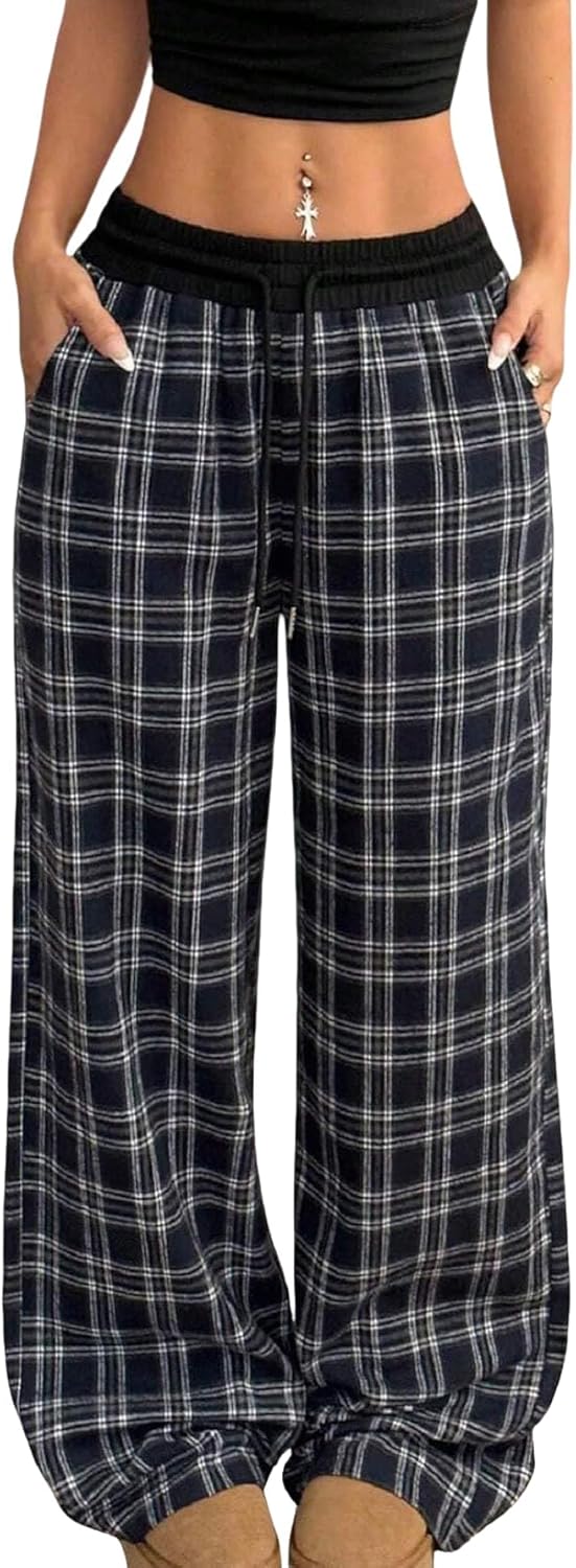 Women's Gingham Pants Plaid Casual Y2k Flannel Pajama Pants Wide Leg Baggy Pants Long Trousers with Pockets