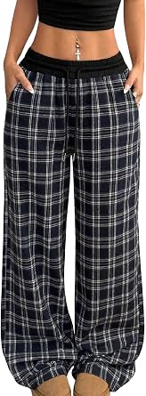 Womens Gingham Pants Plaid Casual Y2k Flannel Pajama Pants Wide Leg Baggy Pants Long Trousers with Pockets