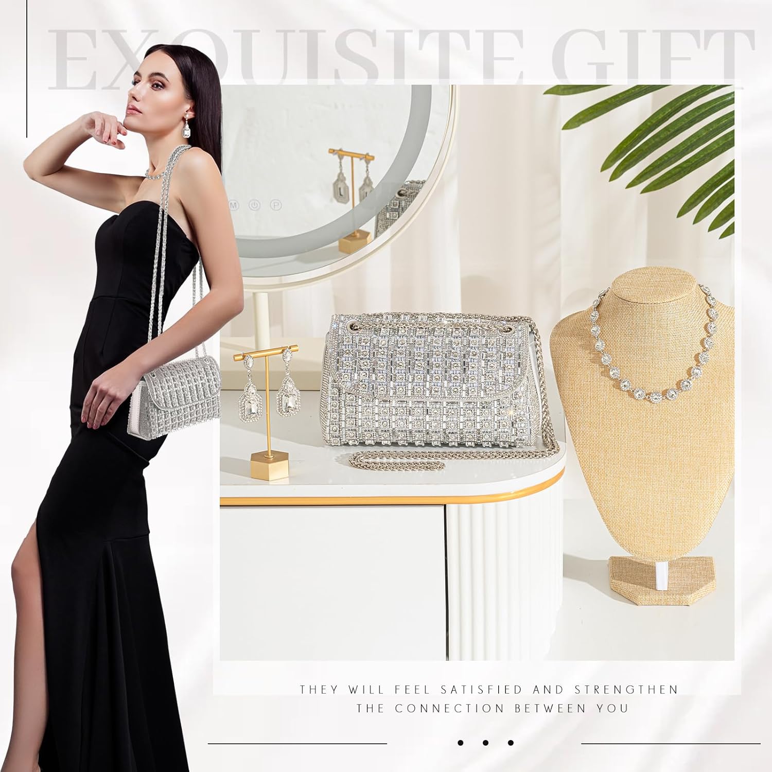 Landical 3 Pcs Rhinestone Clutch and Jewelry Set for Women, Crystal Diamond Earring & Necklace, Evening Wedding Formal