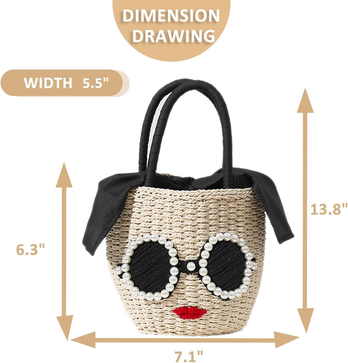 Straw Bag, Beach Bag for Woman, Bohemian Hand-Woven Handbags, Cute Sunglasses Red Lip Basket bag, Straw Tote Bag Suitable for Picnic, Travel, Daily Matching - Image 4