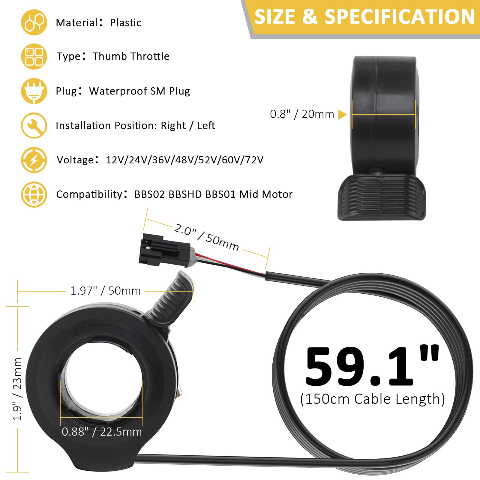 Accélérateur de pouce 12 V-72 V - Prise étanche - Contrôle de la vitesse - Pour vélo électrique