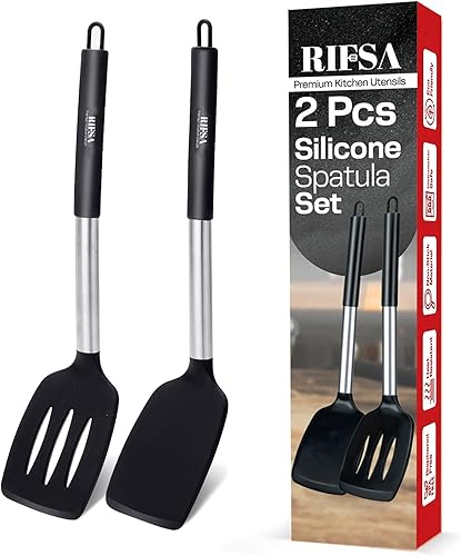 Miniatura 9 de Paquete de 2 espátulas de silicona, espátulas ranuradas antiadherentes con mango de madera, juego de utensilios de cocina de madera ideal para 2