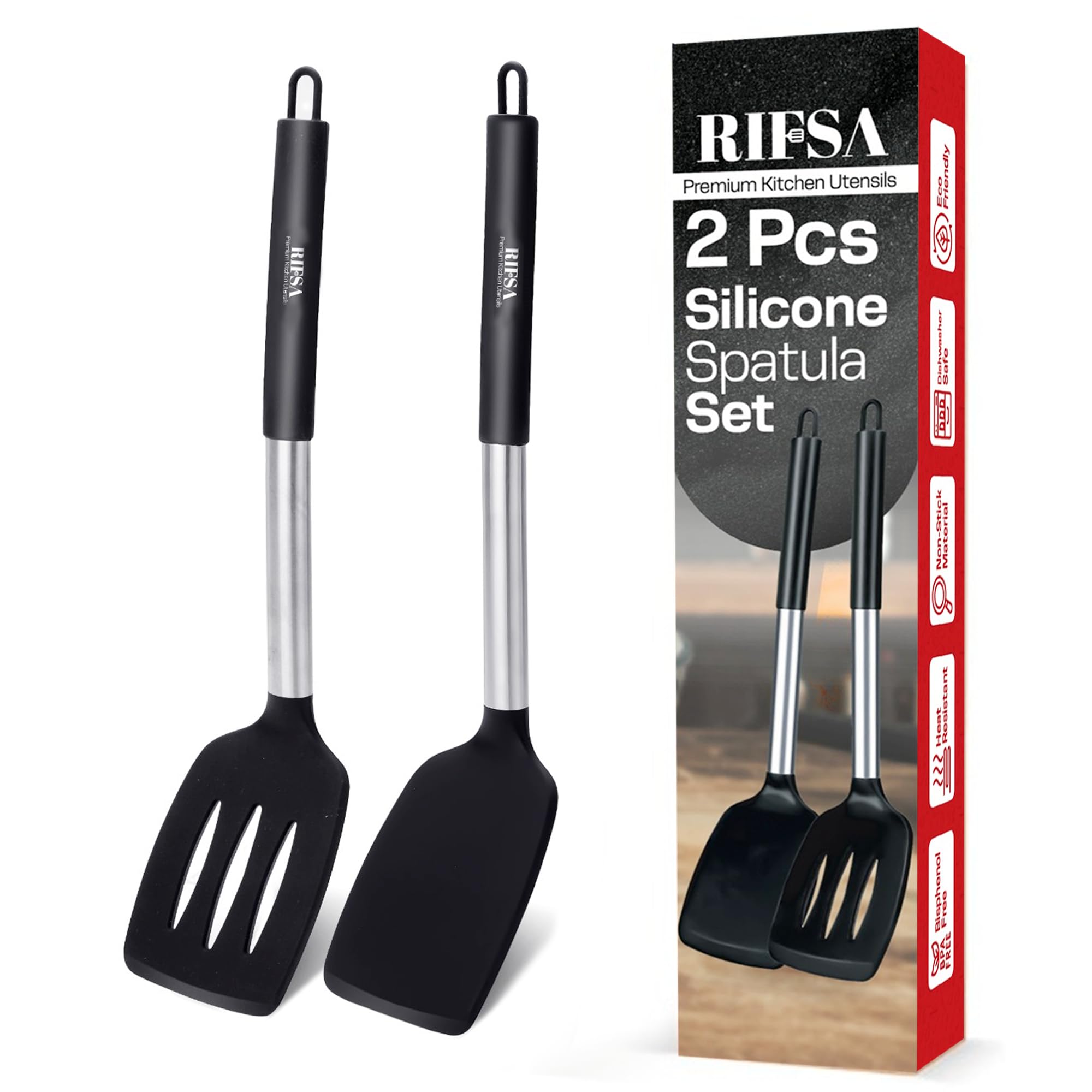 Espátulas de silicona para cocinar, espátulas negras de silicona resistentes al calor 200 °C para utensilios de cocina antiadherentes, juego de espátulas de silicona ranuradas y sólidas para cocinar