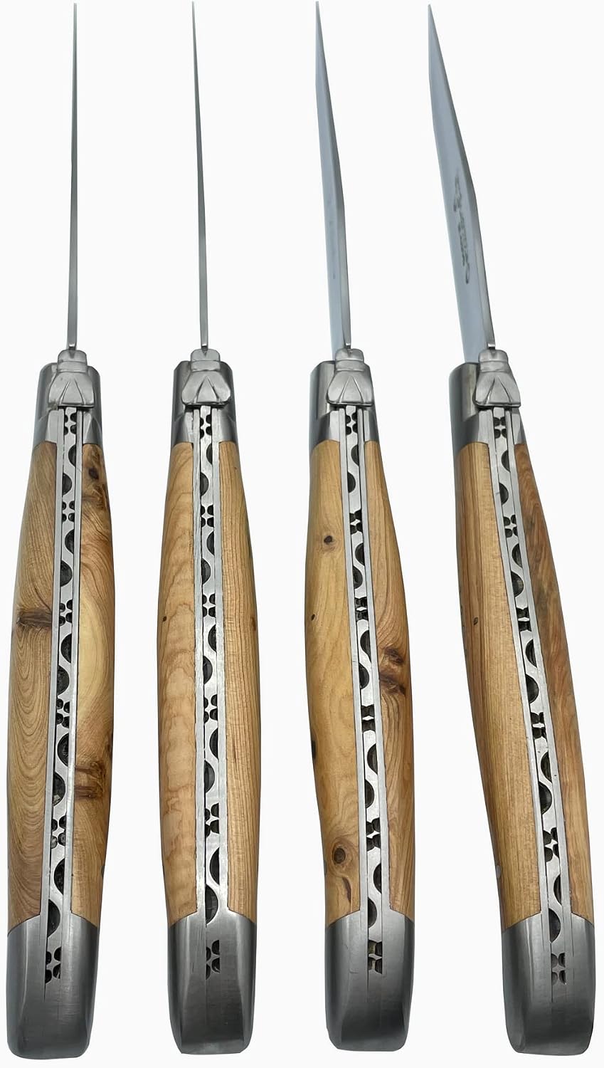Laguiole en Aubrac Luxury Fully Forged Full Tang Stainless Steel Steak Knives 4-Piece Set, Juniper Wood Handles, Stainless Steel Matte Bolsters