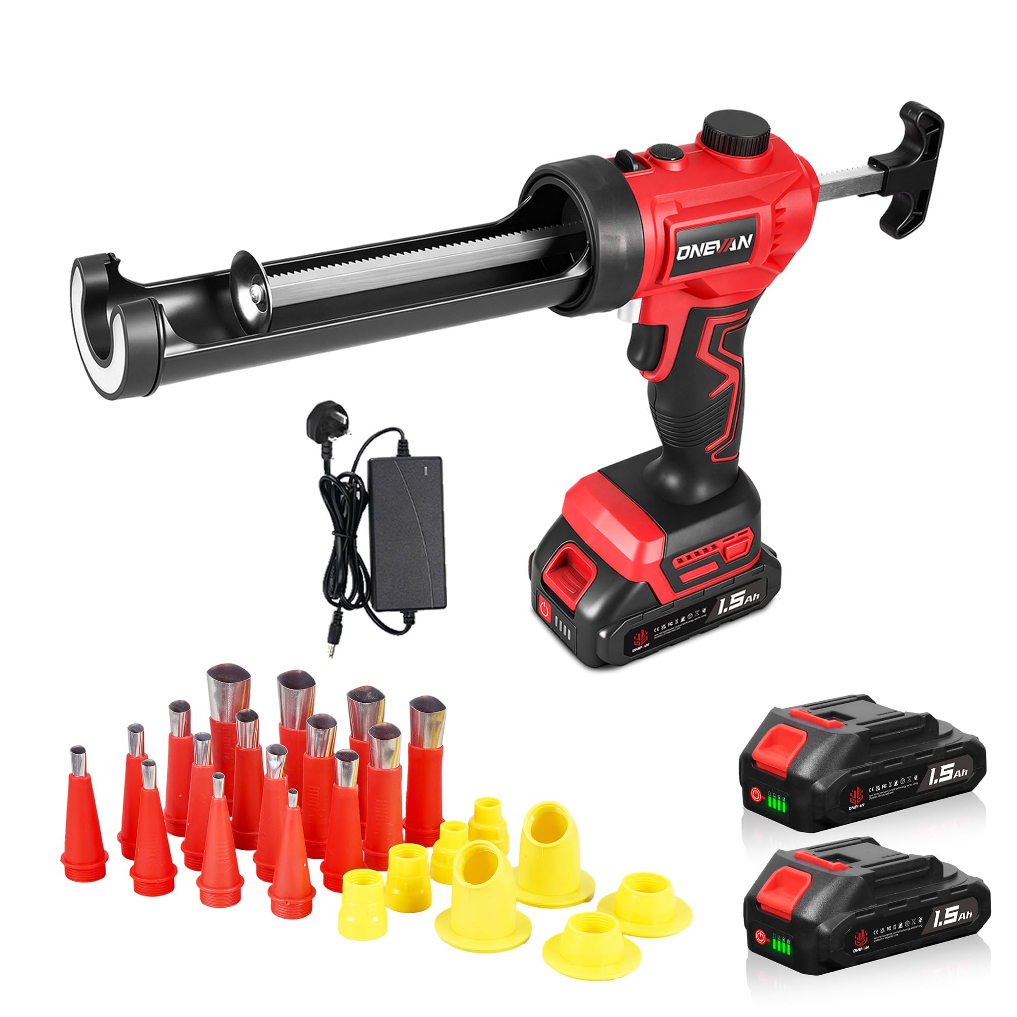 Sealant Gun Cordless, 300ml Electric Caulking Gun with Adjustable Speed(70-210mm/min), LED Light, Drip-Free, 2 x 1.5Ah Batteries, Includes 24 Nozzles, for Filling and Sealing