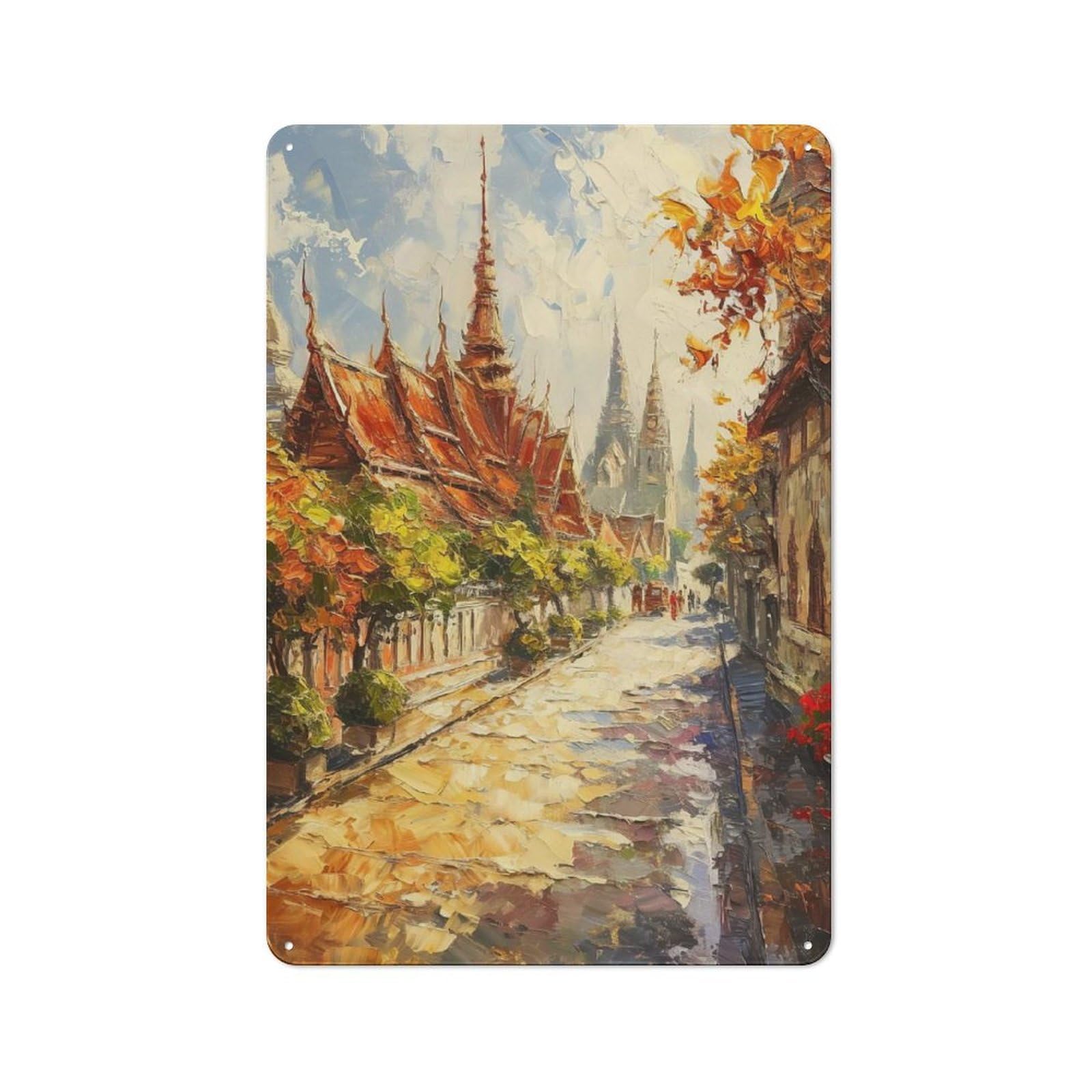 Junmoney Style-18 Impressionistic Asian Temple Street Scene Painting Printed Metal Sign 30X20cm For Guest Room Or Hallway, For Vintage Wall Decor Fans, For Garage And Workshop Walls