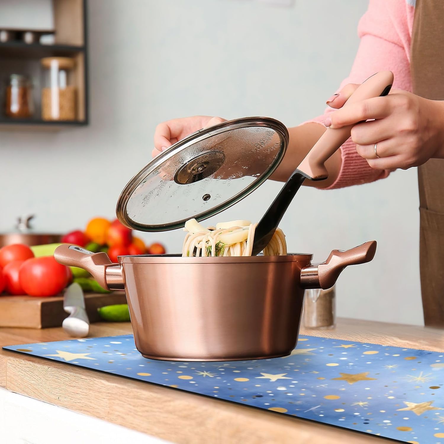 2 in 1 Table Runner Trivet for Hot Pots and Pans Heat Resistant Non Slip Waterproof 39 x 12 Inch Decorative Table Protector for Kitchen Countertop Blue Romantic Golden Stars