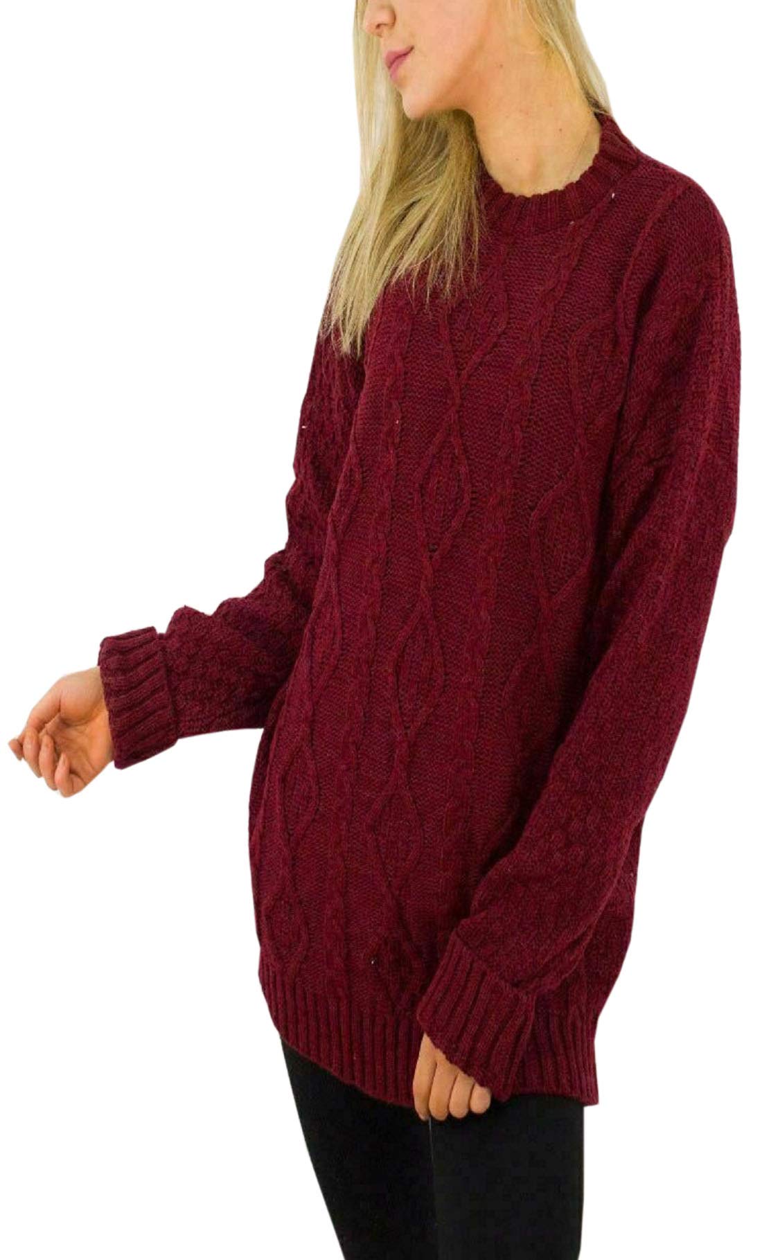 METLUQ M0D4 New Ladies Long Sleeve Chunky Cable Knitted Jumper Crew Neck Winter Sweater Top (Wine, UK 16-18)