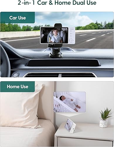 Miniatura 4 de BABELIO Cámara inalámbrica para automóvil de bebé con visión nocturna, 5 pulgadas 1080P HD Clear View, lente gran angular de 150, rotación de 360