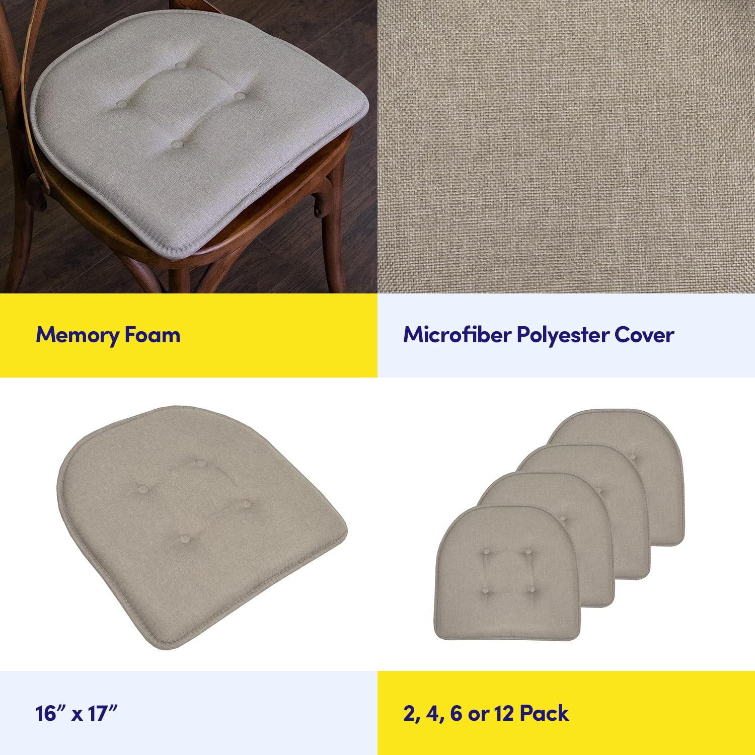 Sweet Home Collection Cuscino per sedia in memory foam, trapuntato, antiscivolo, con retro in gomma a forma di U, 43,2 x 40,6 cm, confezione da 12, in ecopelle nera