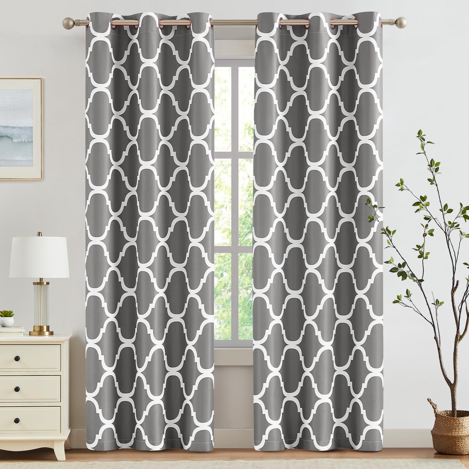 melodieux moroccan fashion thermal insulated room darkening blackout grommet curtains for living room, 42 by 84 inch, grey (2 panels)