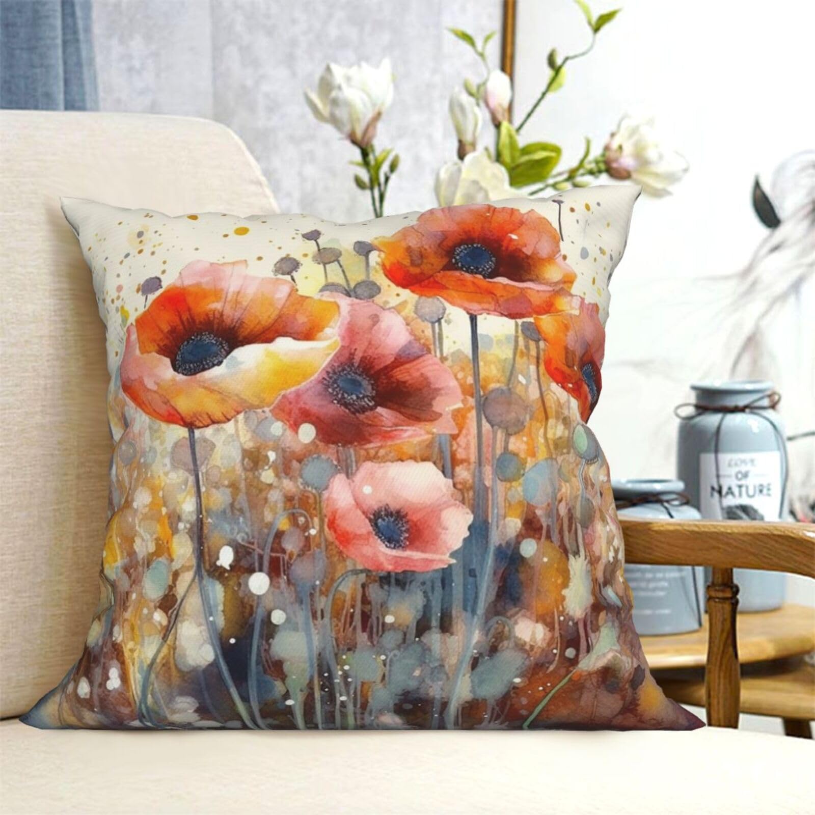 Fodpand Black Decorative Throw Pillow Covers 18"X18" Watercolor Red Flowers Cushion Cases Square Modern Farmhouse Pillow Cases Soft Cozy Cushion Covers For Couch Sofa Bedroom Home Decor Pillowcase