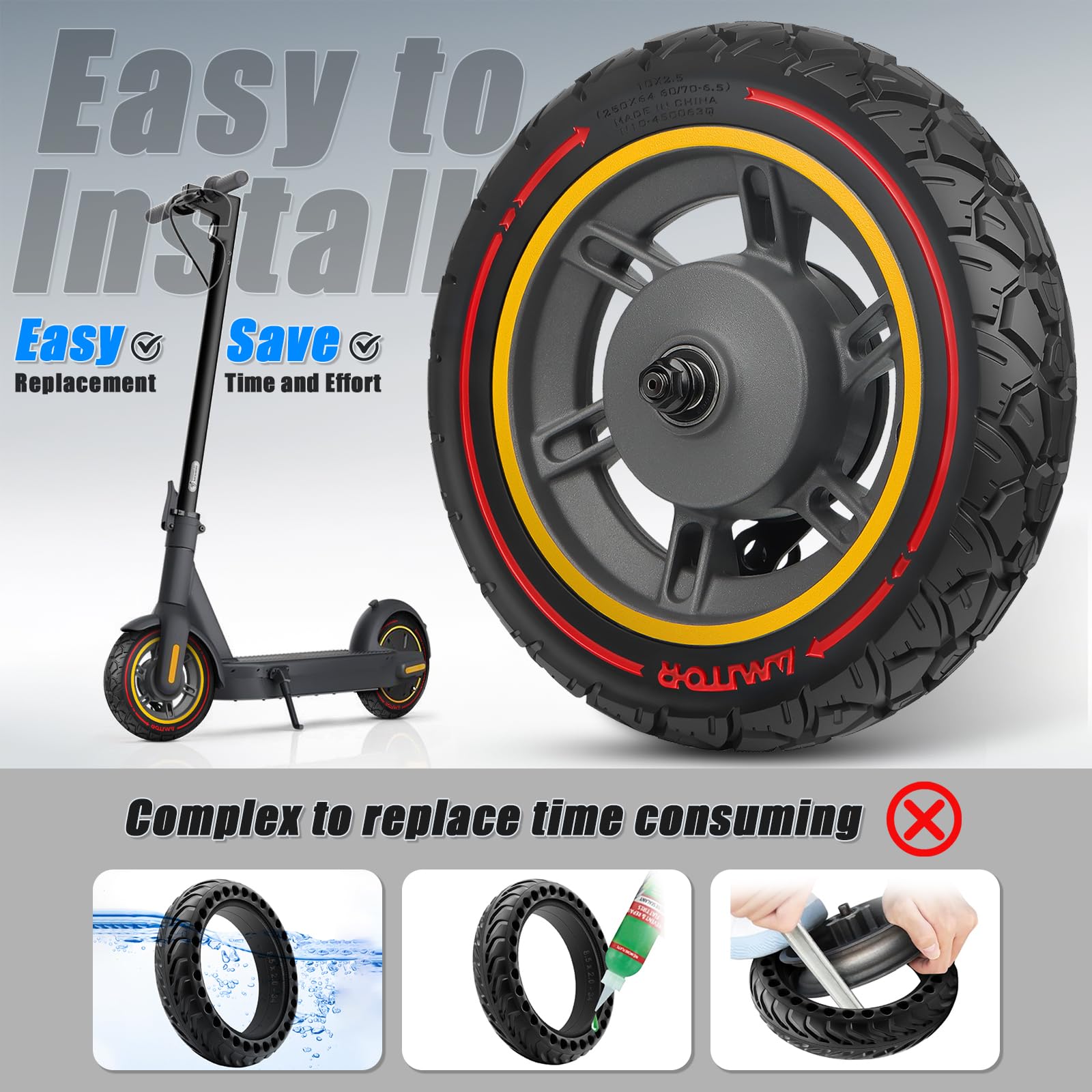 10x2.5 Pouces Ninebot MAX G30 Roue Avant Complète avec Pneu Plein 60/70-6.5 Trottinette Offroad, Robuste & Fiable, Anti-crevaison & Antidérapant, Zéro-Entretien, Montage Facile, 1PCS