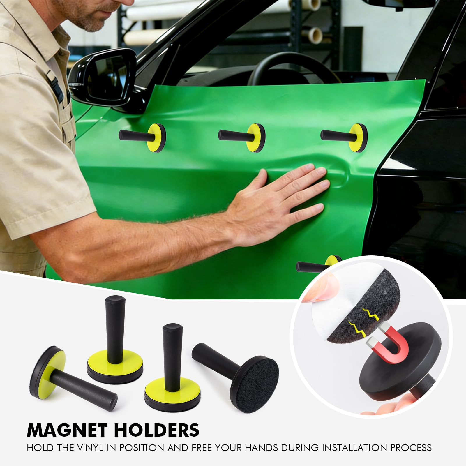 FOSHIO Kit d'outils en vinyle sans couteau de 50 m pour voiture - Contient 4 aimants pour enroulement de voiture, micro raclette, grattoir, raclette en feutre, gants, raclette, cutter pour film teinté