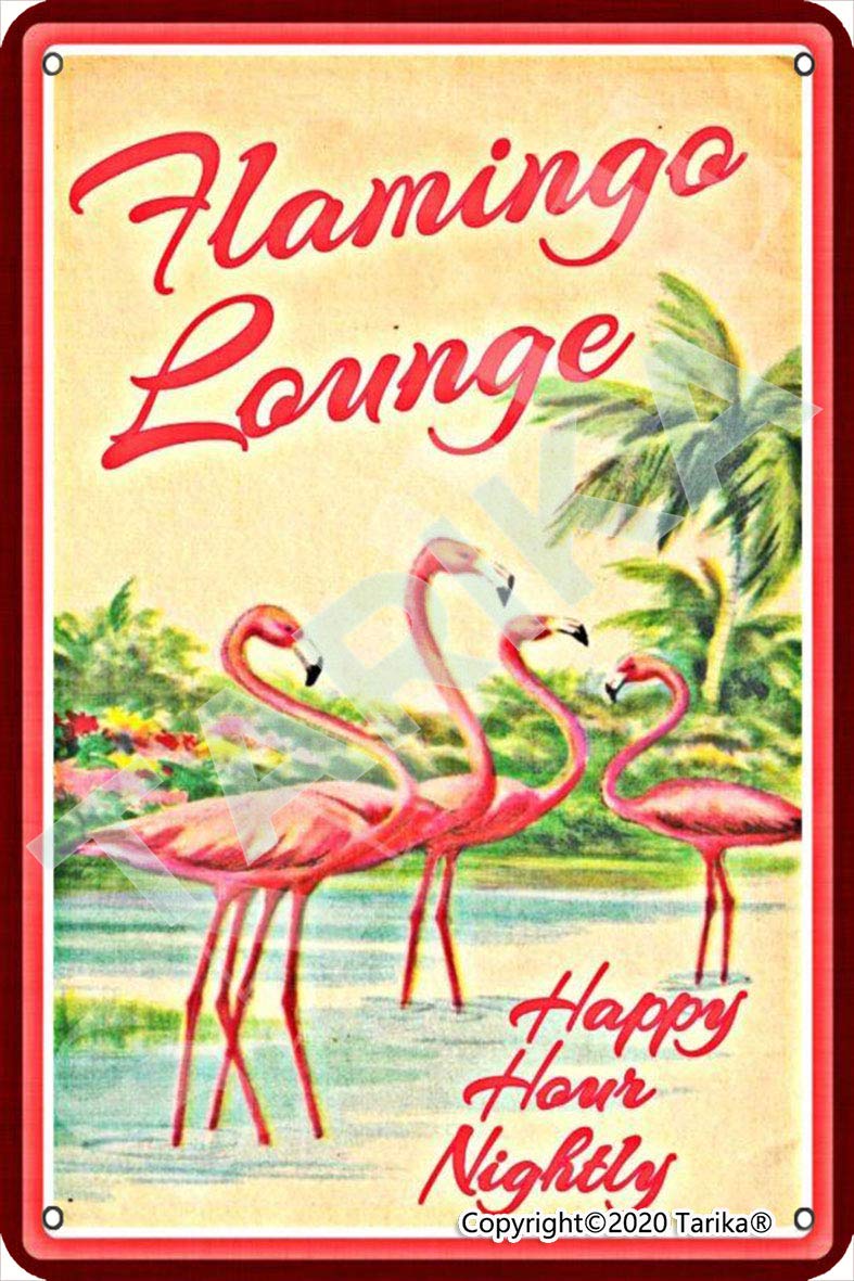 Tarika Flamingo Lounge Happy Hour Nightly Metal Retro Look 20X30 Cm Decoration Art Sign For Home Kitchen Bathroom Farm Garden Garage Inspirational Quotes Wall Decor