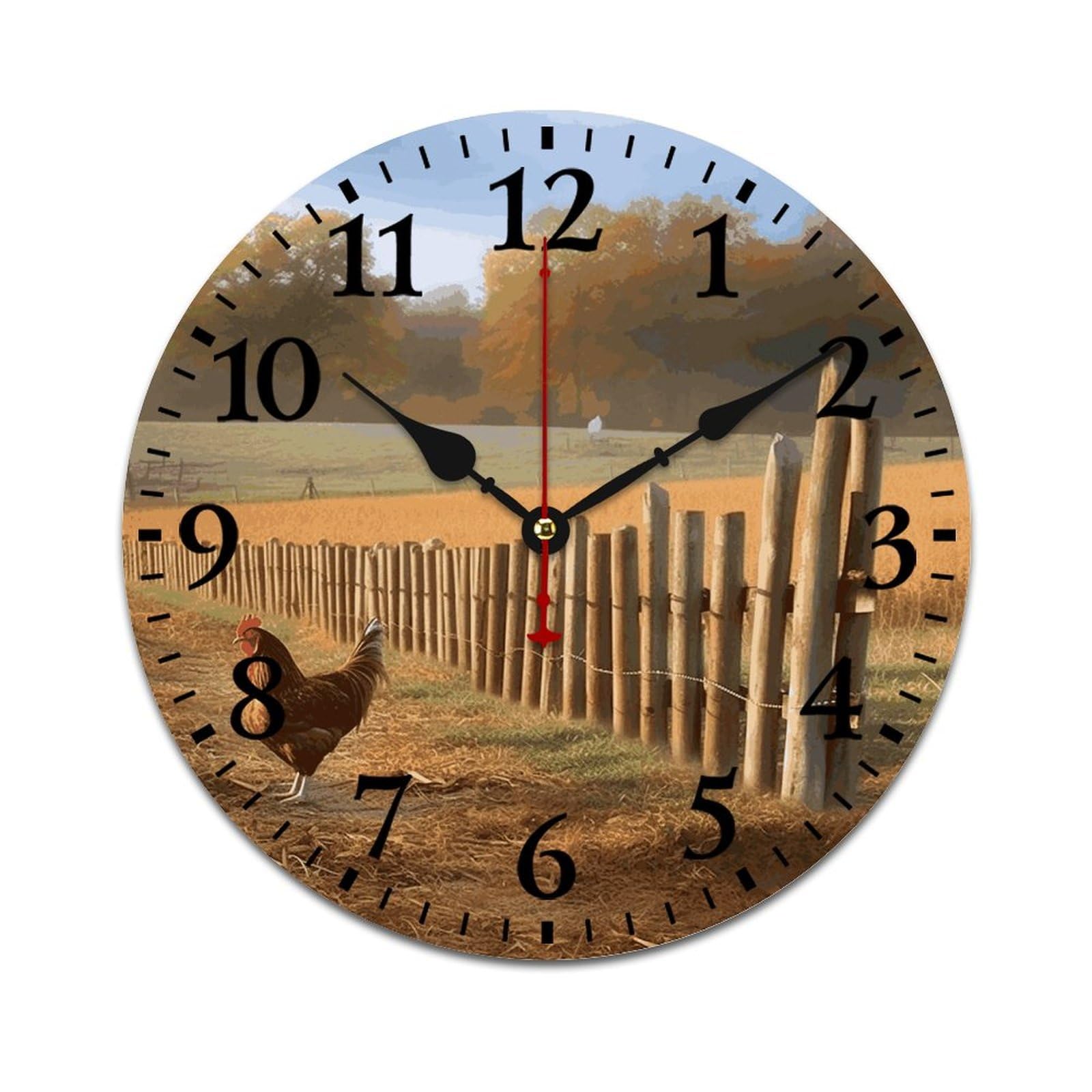 NTVOWPZO 10 Inch Wall Clock Wooden Chicken Wood Stake Farmland Battery Operated Wall Clocks Silent Non-Ticking Square Wall Clock for Living Room Kitchen Home Office Wall Decorative Clocks