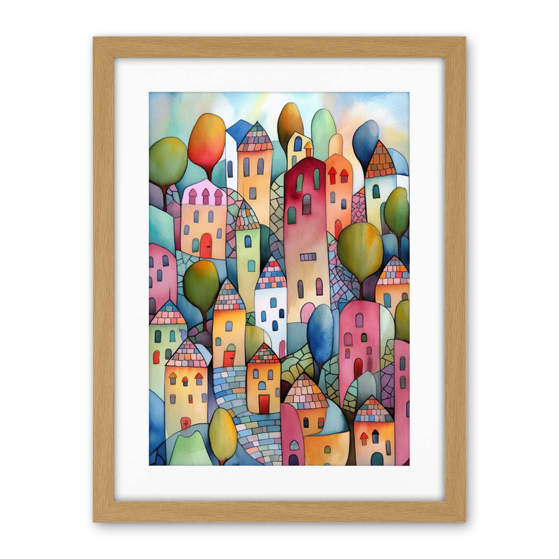 Artery8 Village On The Hill Cobble Streets Folk Art Artwork Framed Wall Art Print 18X24 Inch