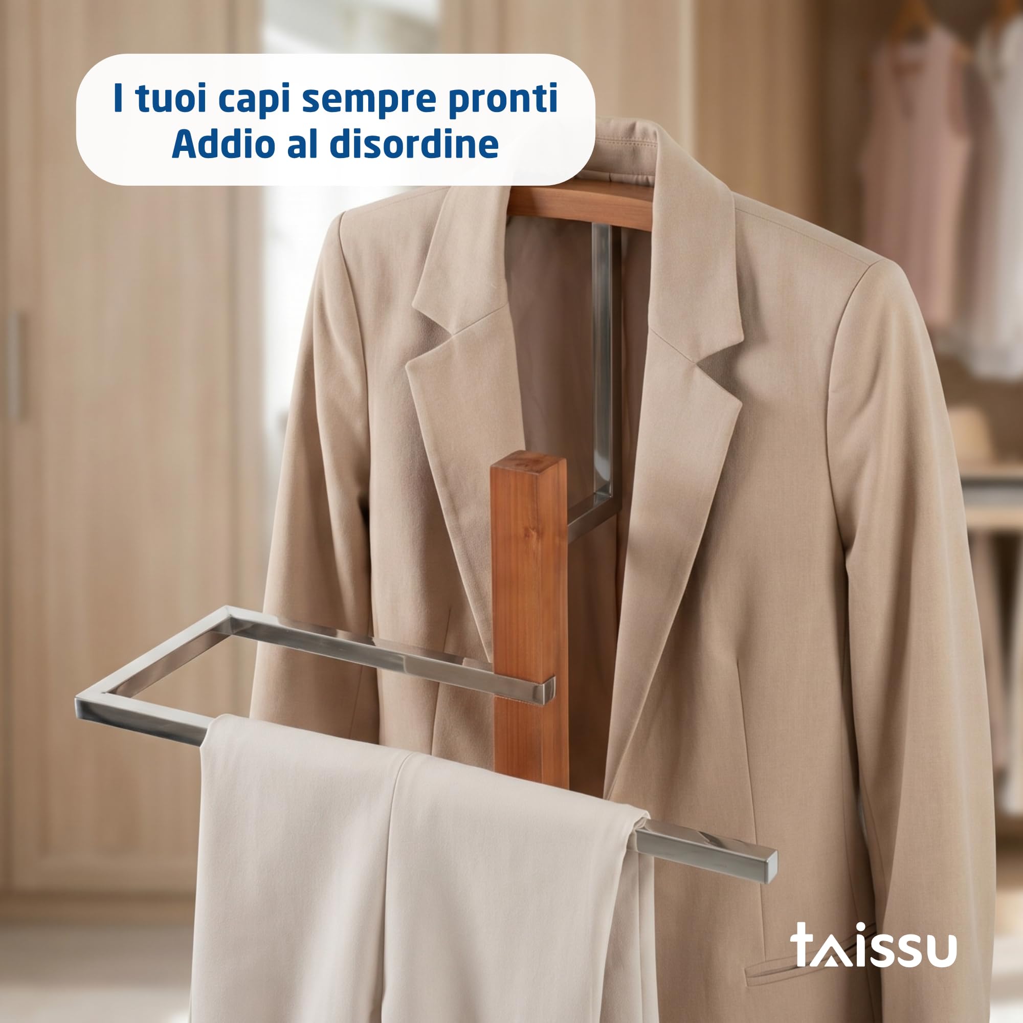 Servo Muto Mod. VAREN - Finitura Cromo e Legno - Con Appendiabiti Superiore e Barra per Pantaloni - 47 x 35 x 111 cm - Acciaio Inossidabile e Legno - Appendiabiti per Camera da Letto