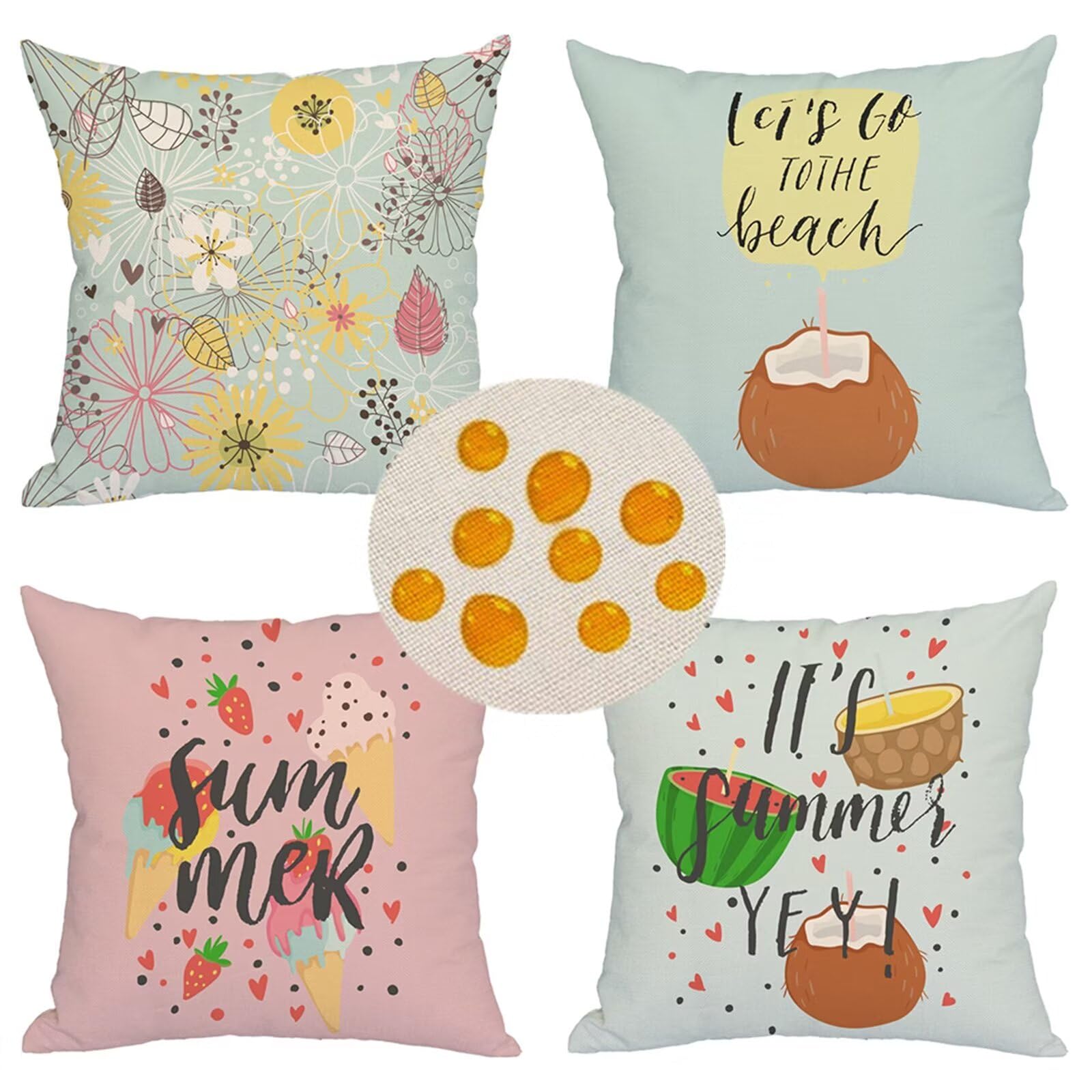 Federe Cuscini 50x50cm Set di 4,Quadrato Doppia Faccia Lino Copricuscini Impermeabili,Copricuscino per Esterno Divano Casa Giardino Patio Letto Soggiorno Decorazione Della Casa Felice estate