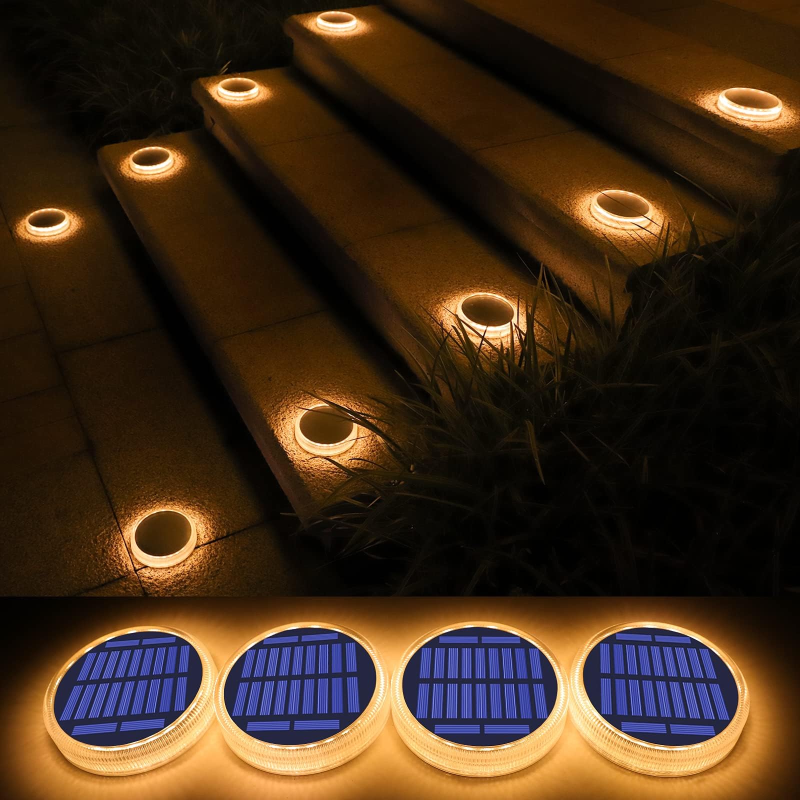 WILLEDSolar Deck Lights for Outside, Solar Step Lights, Big Solar Charging Panel,Warm White Outdoor Solar Powered Lights for Steps,Stair,Dock,Driveway,Walkway,Sidewalk,Garden (4 Pack