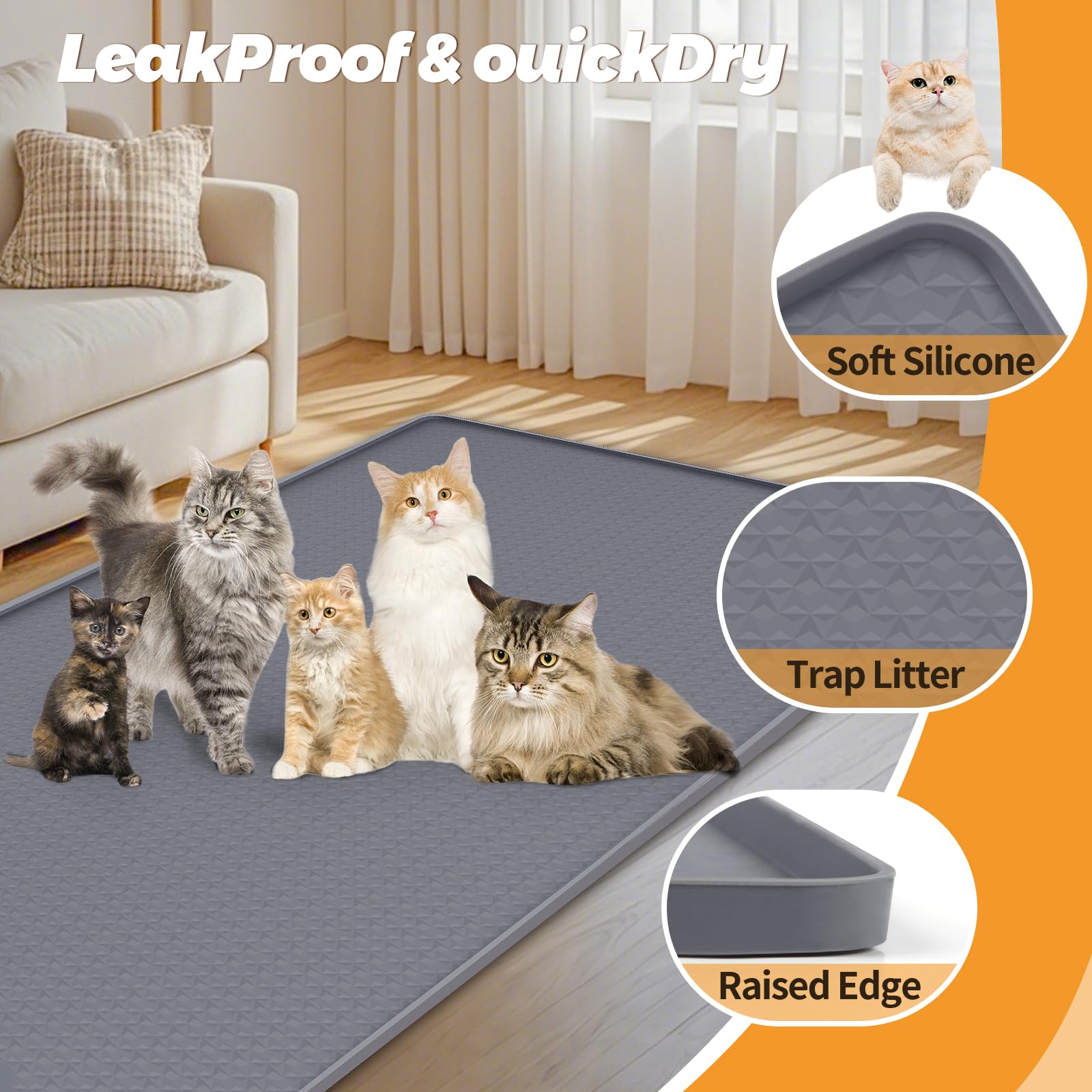 Bartuke Cat Litter Mat, Extra Large 51" x 26" Silicone Mat Litter Trapping Mat for Scatter Control Soft on Kitty Paws - Image 3