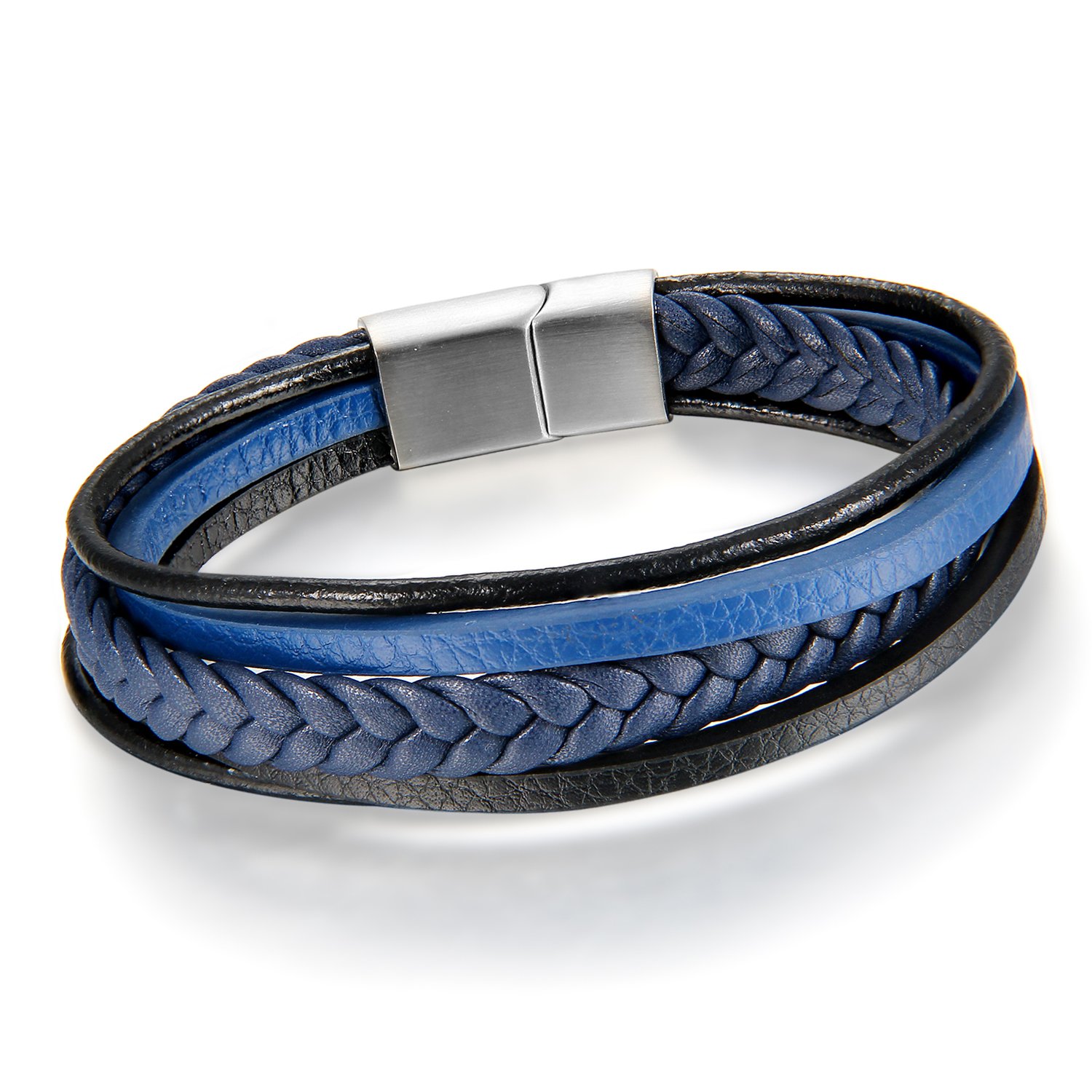 CupimatchCupimatch Men's Stainless Steel Magnetic Clasp Multi-layer Black Blue Braided Leather Rope Bracelet Cuff