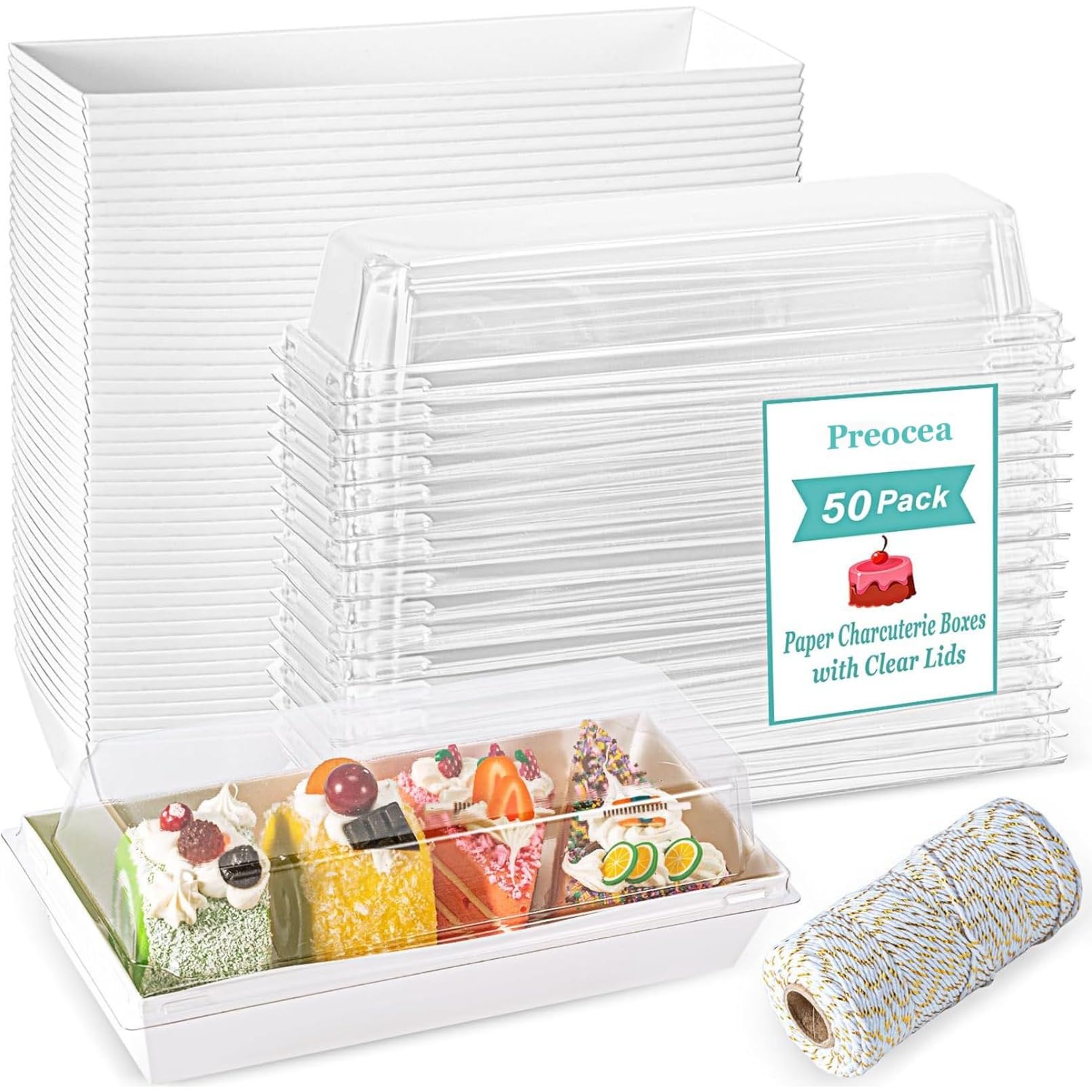 Preocea 50 Pack Charcuterie Boxes with Clear Lids, Paper Charcuterie Box, Sandwich Boxes, Rectangle To Go Food Containers, White Bakery Box for Desserts Strawberries Sushi Cookies