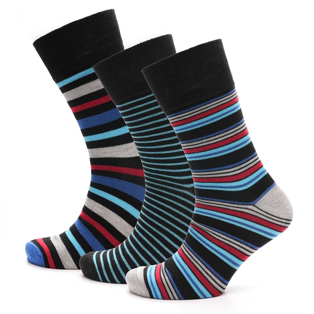 A2Z Mens 3 Pack Bamboo Comfort Top Socks Non Elastic Gentle Grip Heel and Toe Socks - Socks MEN 1339 Striped 3 Pack 6-11