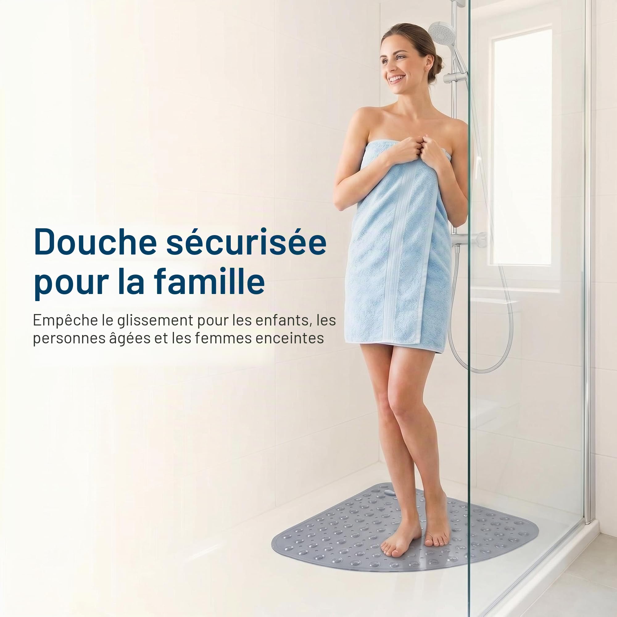 Tapis de Douche Antidérapant d'angle 70x70 cm Gris – Tapis de Bain en PVC avec Ventouses Puissantes et Trous de Drainage, Séchage Rapide, Anti-moisissure, Design Moderne, Lavable en Machine