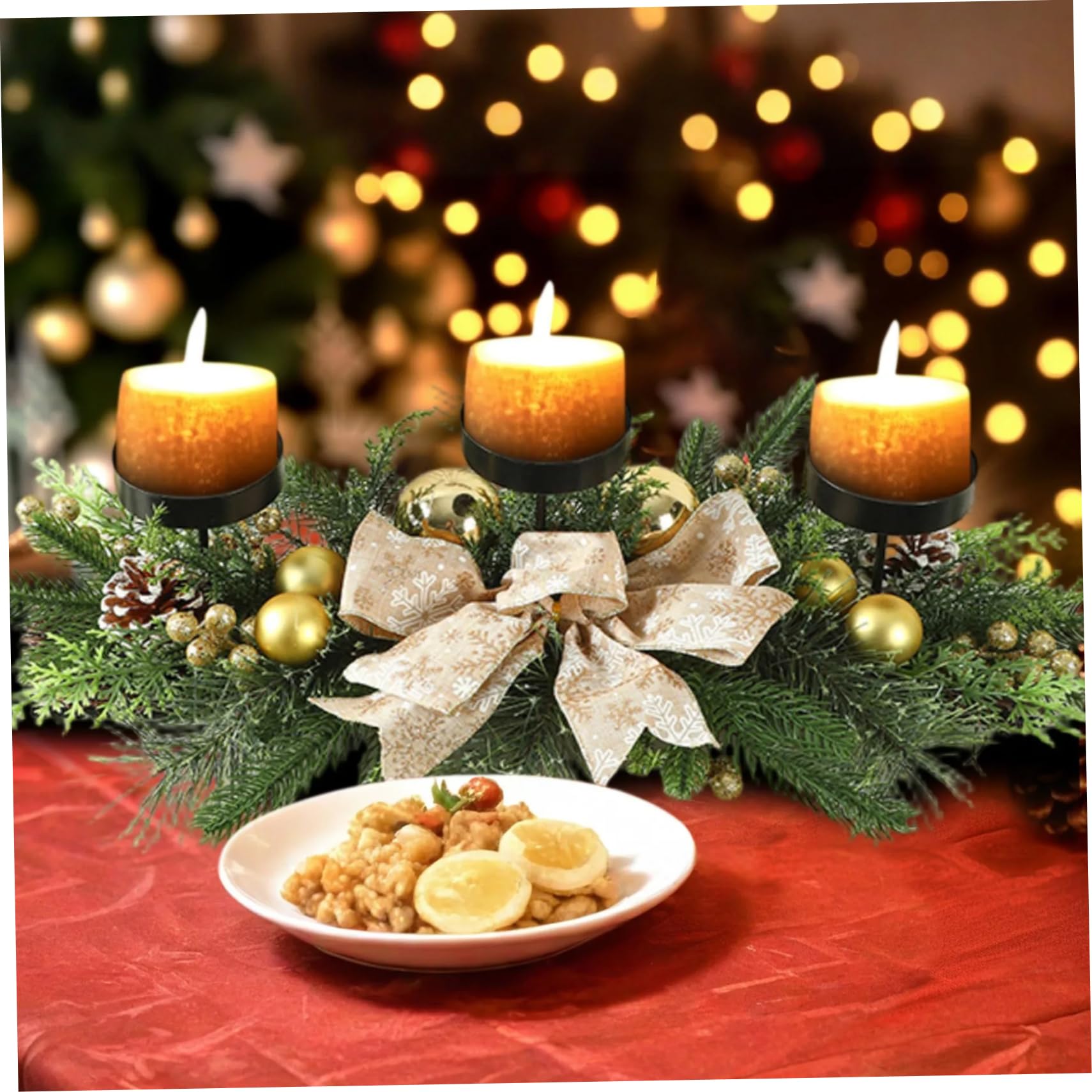 Candelabro navideño con 3 bandejas, centros de Mesa navideños con Lazo, Adornos, Bayas y Agujas de Pino para decoración navideña de Mesa de Fiesta