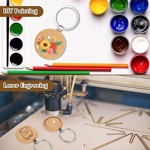 Miniatura 5 de Oungy 50 llaveros de madera en blanco, sin terminar, redondo, llavero de madera en blanco, llavero de madera a granel para grabar, manualidades,