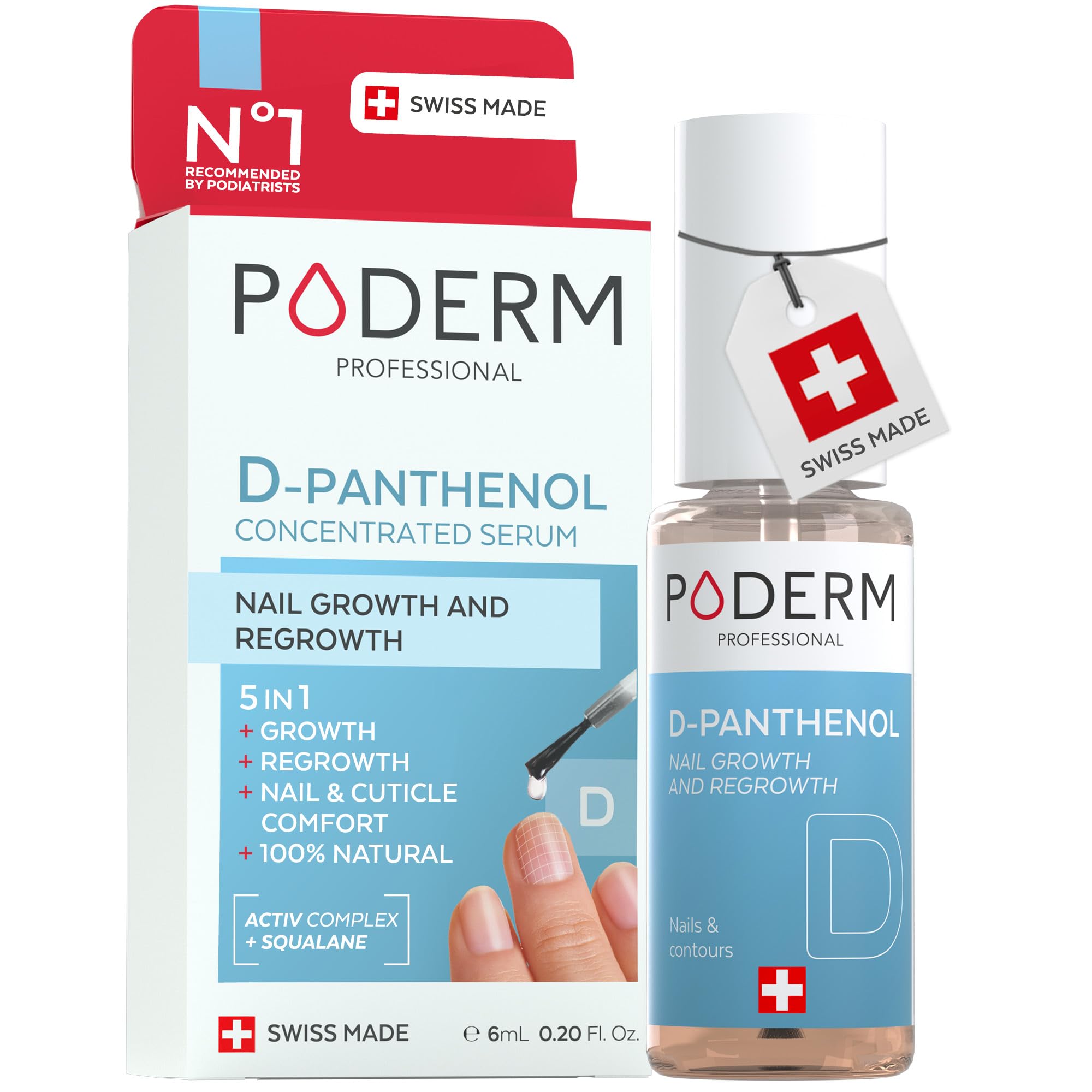 Poderm 5 in 1 Nail Booster Serum - D-Panthenol | Strengthening Care & Growth for Fragile Nails - 6 ML | Promotes Growth & Limits Breakage | 100% Natural - Developed by a Podiatrist in Switzerland