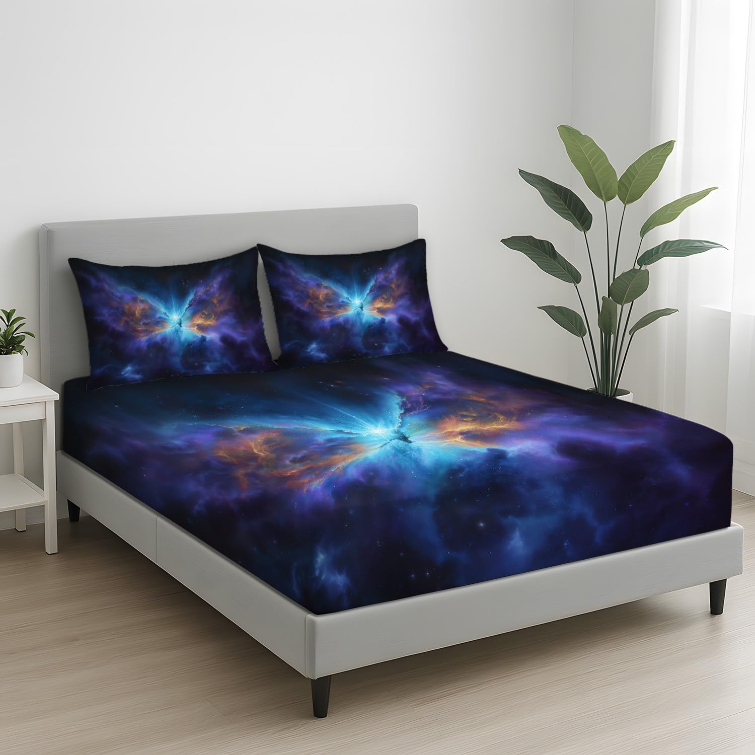 Cosmic Galaxy pojedyncze prześcieradła z gumką, 30 cm głębokości, mistyczna mgławica, marzycielska przestrzeń, miękka szczotkowana mikrofibra, odporne na blaknięcie, oddychające prześcieradło 90 x 190