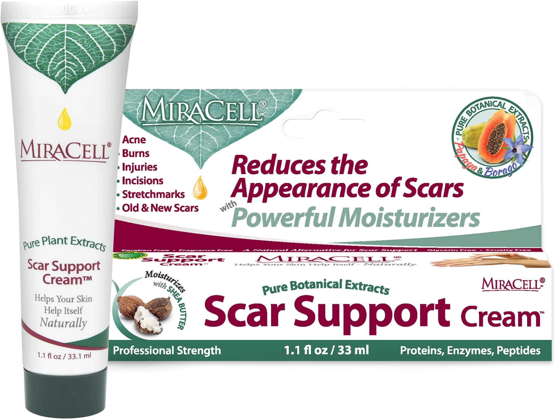 MiraCell - Scar Support Cream, Natural Scar Removal Cream, Acne and Burn Scar Cream, Body and Face Scar Cream with Papaya Extract, No Parabens or Glycerin, 33.1 mL
