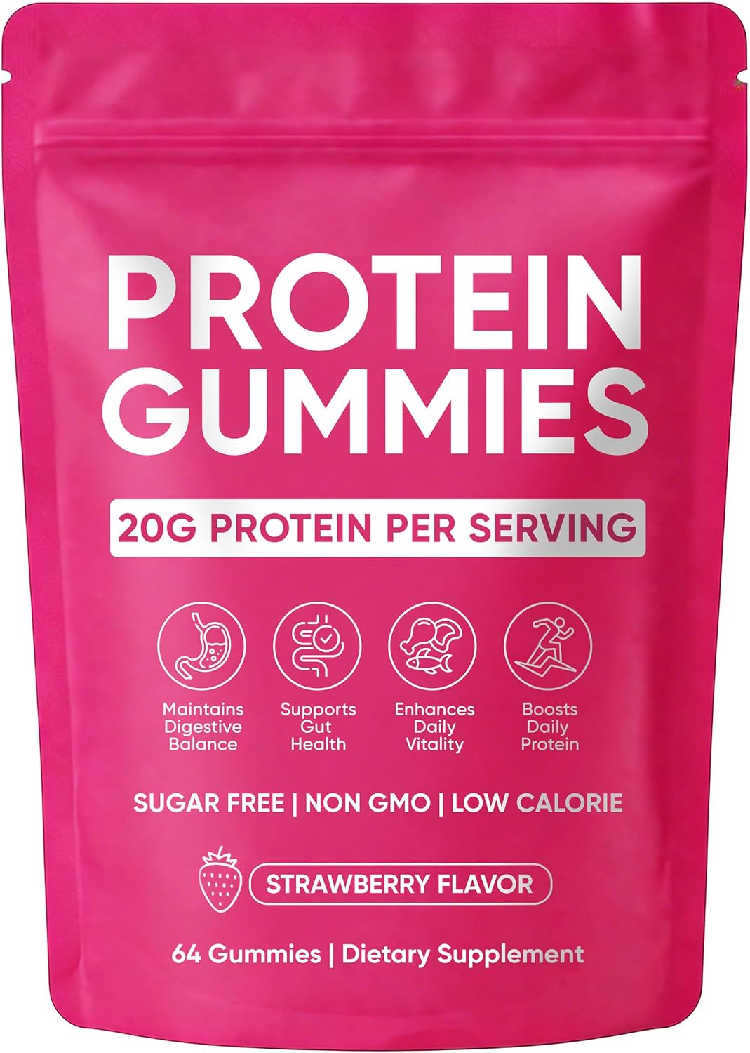 Protein Gummies, 20g Protein per Serving, Plant-Based, Support Hair Skin Nails, Boost Daily Vitality, Whey Protein Supplement for Women Men, Zero Sugar, Low Calorie, Strawberry Flavor, 64 Gummies