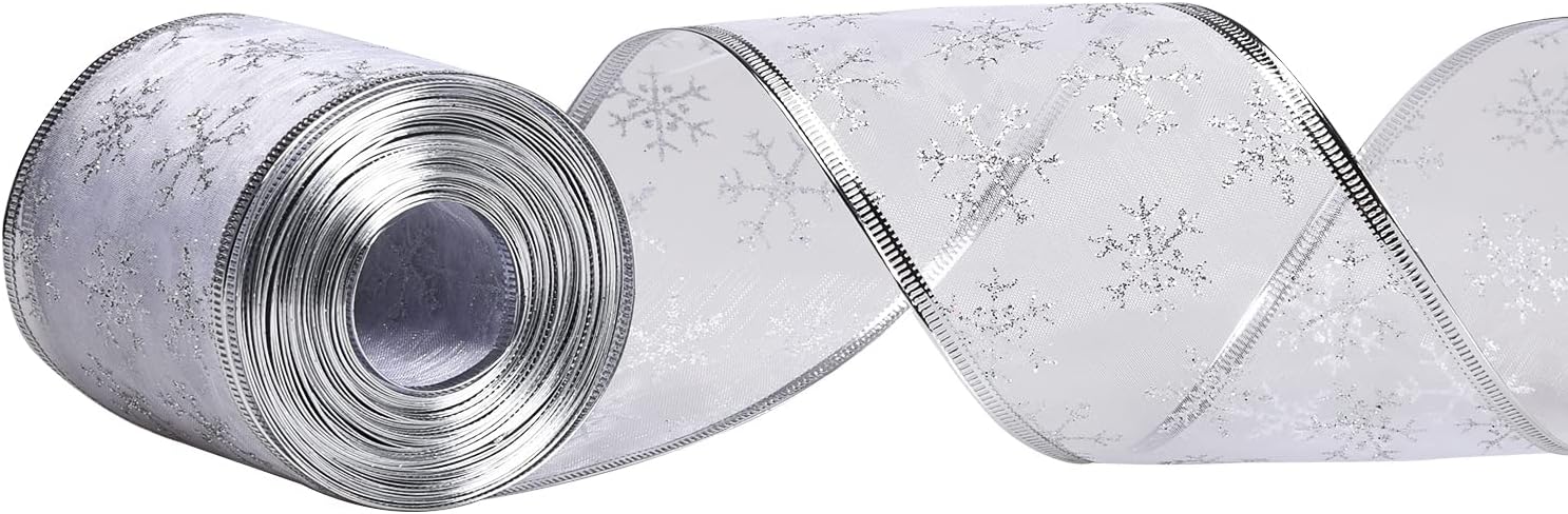Jomnvo 10 Yards Silver Christmas Organza Ribbon Glitter Snowflake Organza Ribbon Wired Christmas Decorative Ribbon for Christmas Tree Decoration Gift Wrapping (Silver)