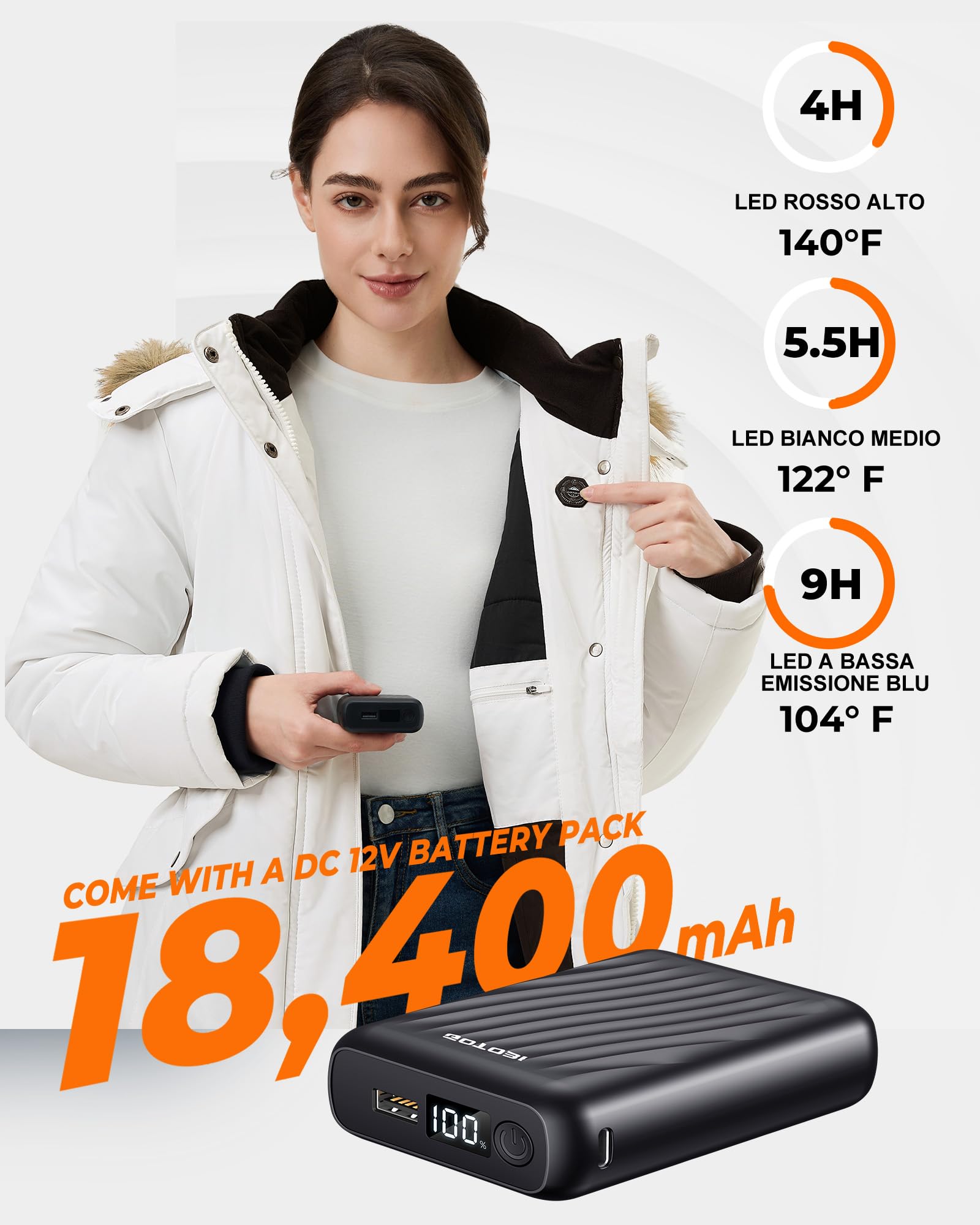 Giacca Riscaldata Donna Con Batteria 12v 18400mah,8 zone di riscaldamento con 3 livelli di temperatura,Parka caldo e impermeabile con cappuccio in pelliccia sintetica rimovibile