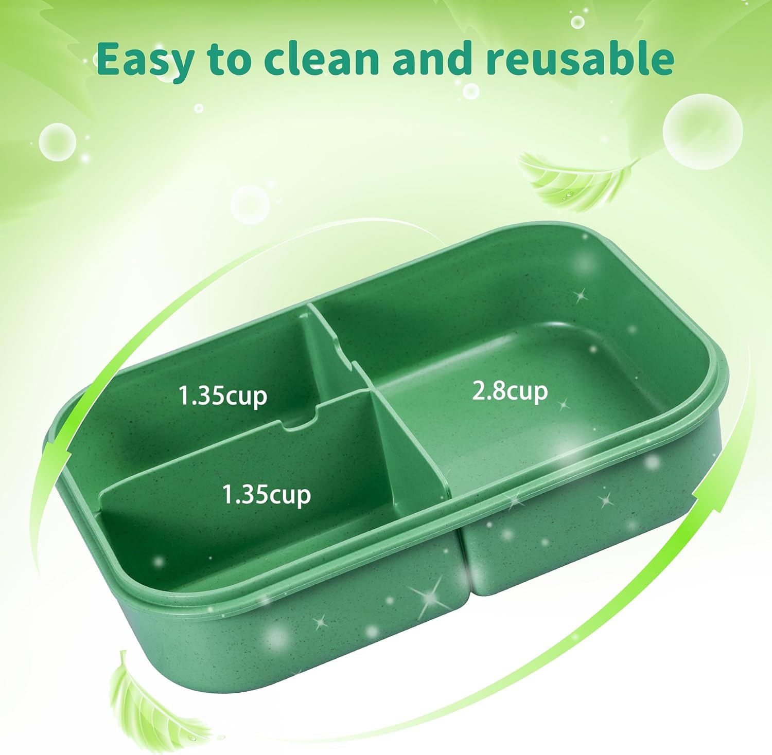 Itopor Wheat Straw Bento Box for Adults & Kids, Leakproof 3-Compartment Lunch Box, BPA-Free, Microwave & Dishwasher Safe, 5.5 Cup / 1400 mL, Sage Green