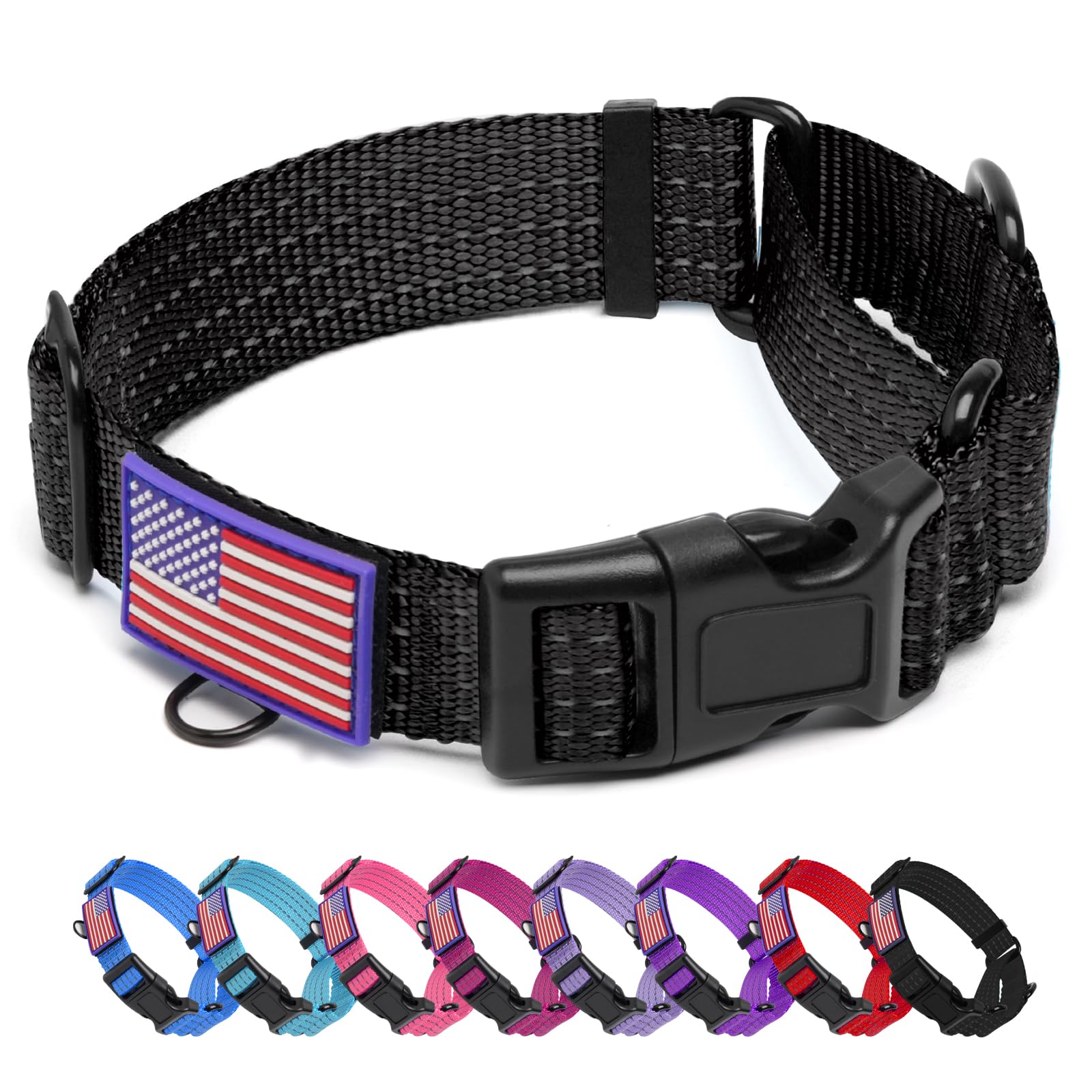 Martingale Dog Collar Reflective NO Pull with USA Flag, M,Black