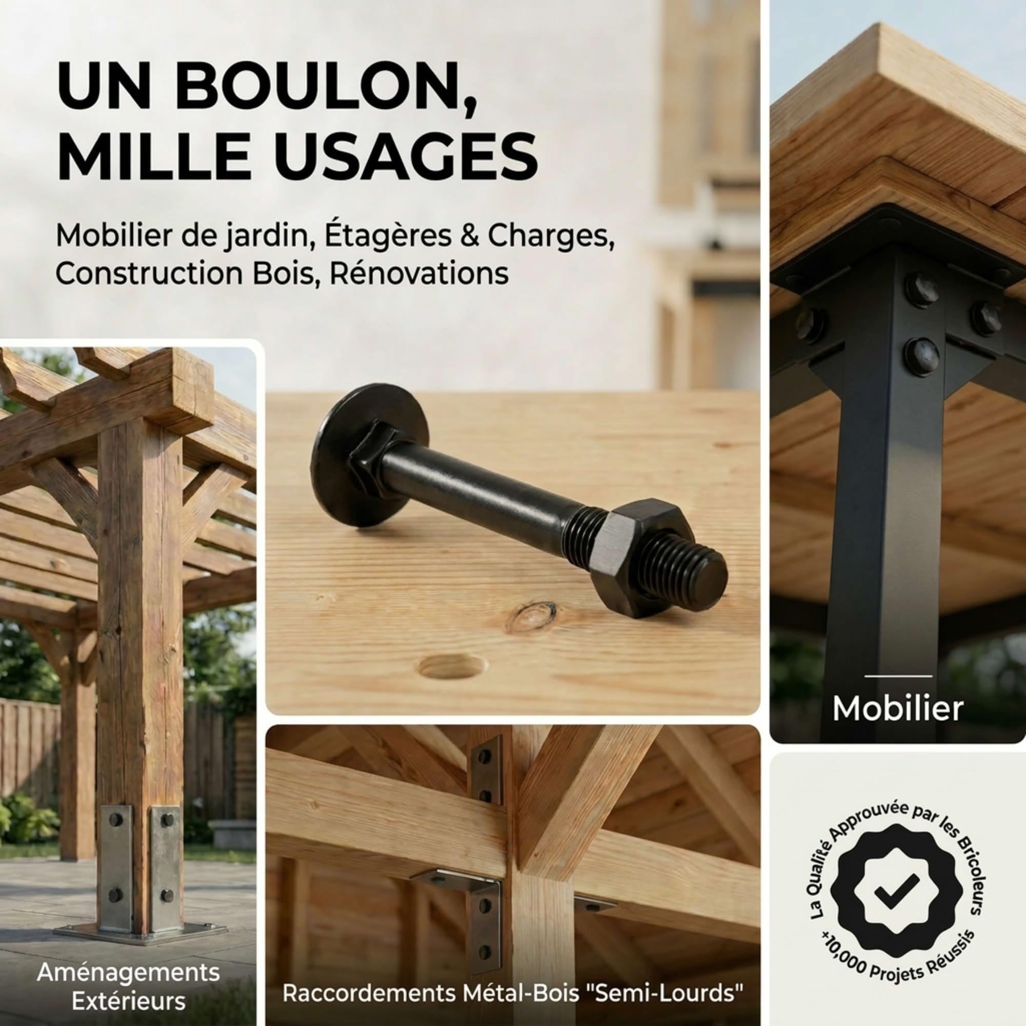 100 Boulons tête ronde collet carré DIN603/555 acier zingués Noir - diamètre 8 mm - Longueur 60 mm