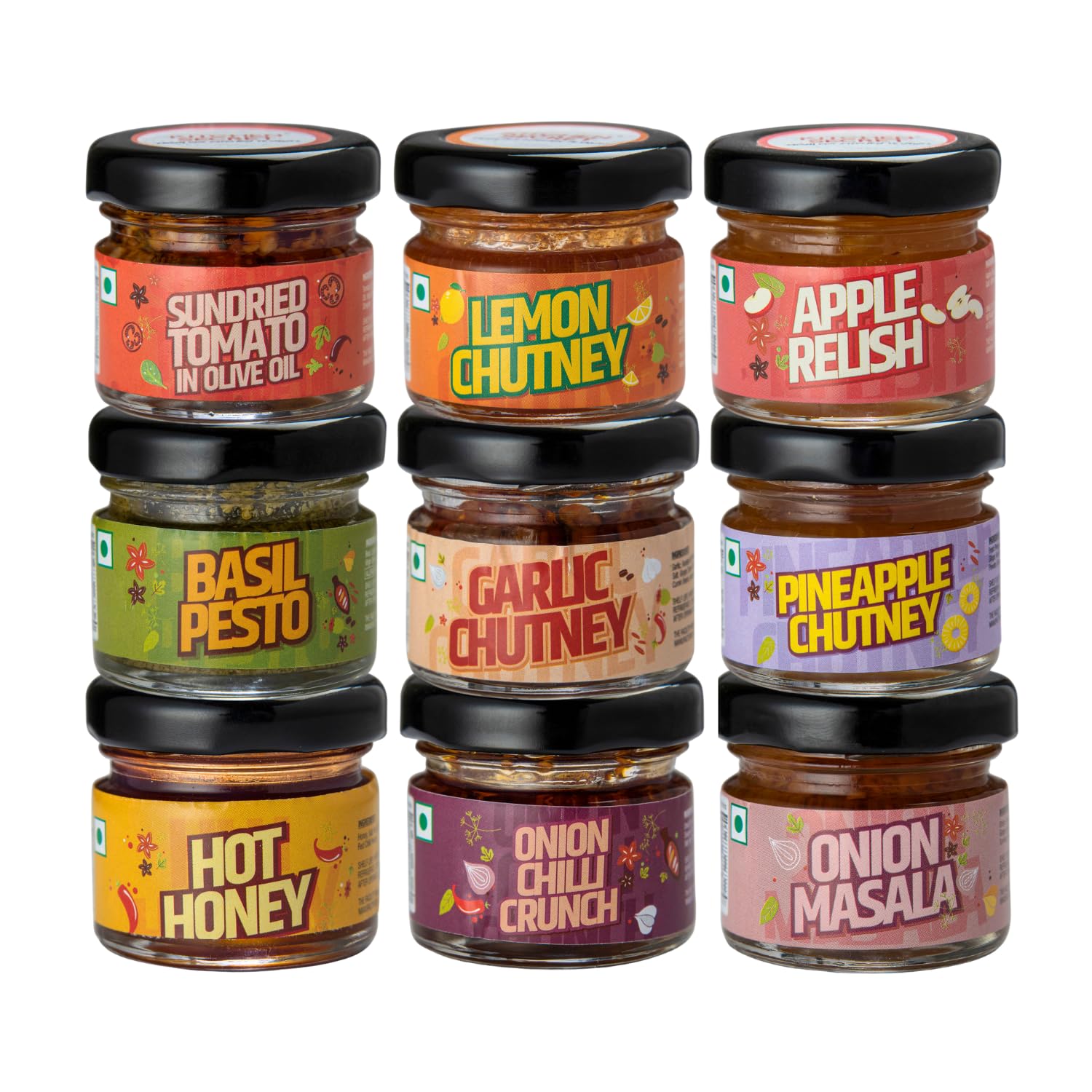 Kitchen Secret Sample Box - 9 Gourmet Condiments (30g Each) - Versatile Flavor Enhancers for Dishes & Snacks - No Preservatives or Additives - Includes Chutneys, Pesto, Hot Honey & More, Trial Pack