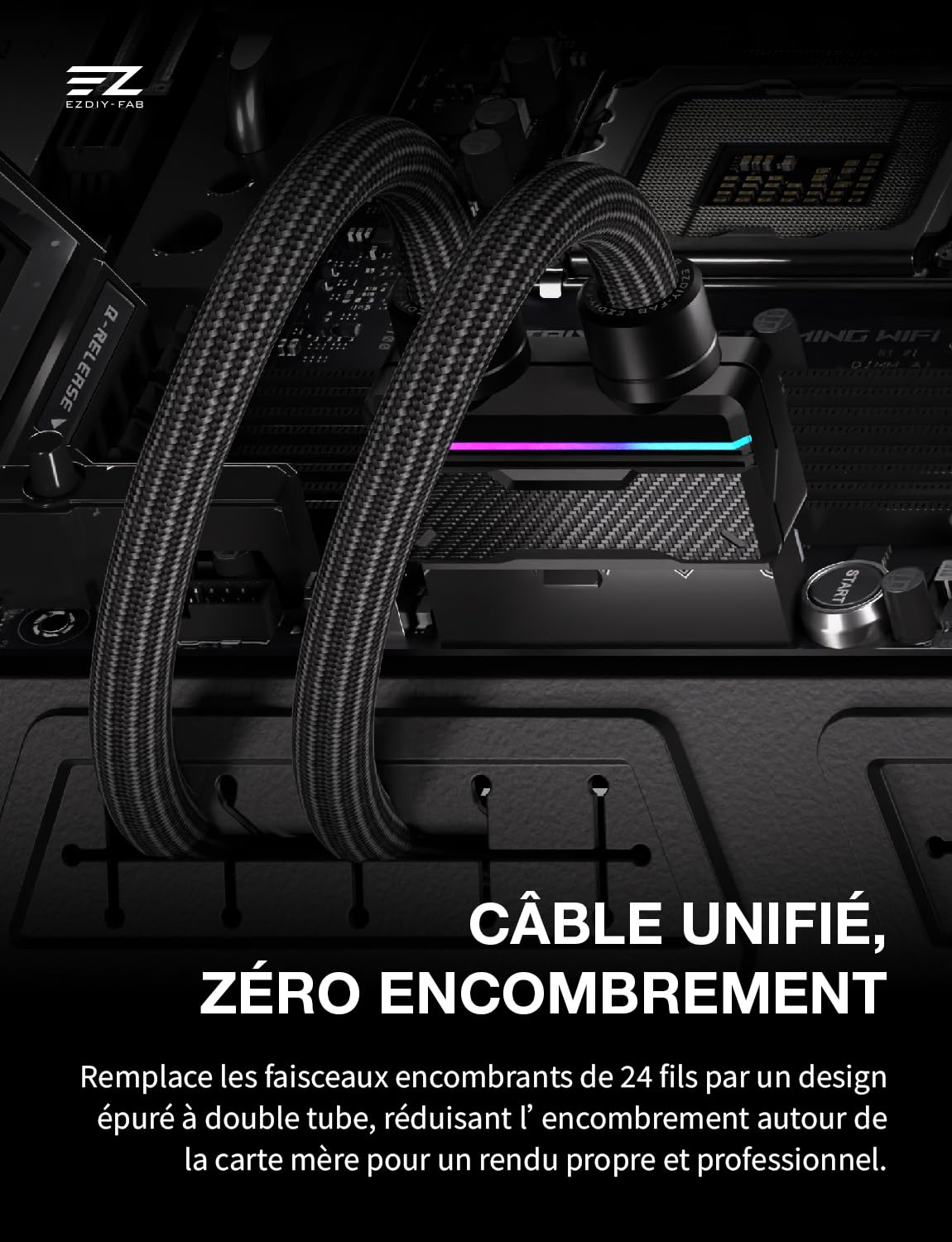 EZDIY-FAB Câble d'extension pour Alimentation PC UNIFAS ARGB 24 Broches, Extension d'alimentation ATX 24 Broches 16AWG, Design à Double Tube unifié pour Une Gestion Propre des câbles PC, Noir
