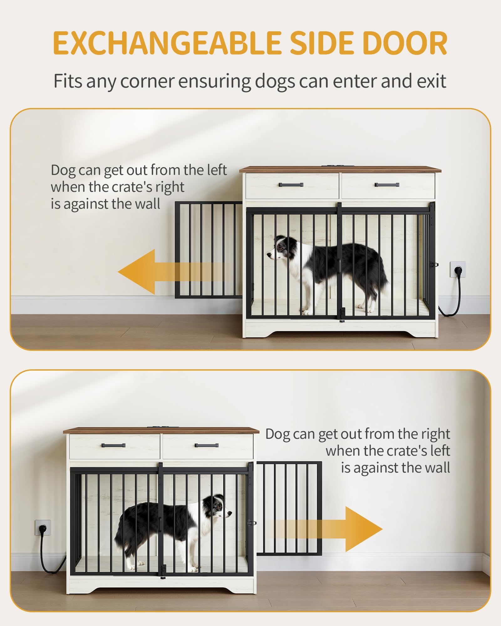 Hzuaneri Hundekäfig Möbel mit Steckdose, Hundebox für Zuhause mit Schiebetür im Scheunentür-Stil & 2 Schubladen, 3-Türen Sideboard für Mittel/Große Hunde, 97 x 56 x 81 cm, Weiß Braun DFC90314BEU
