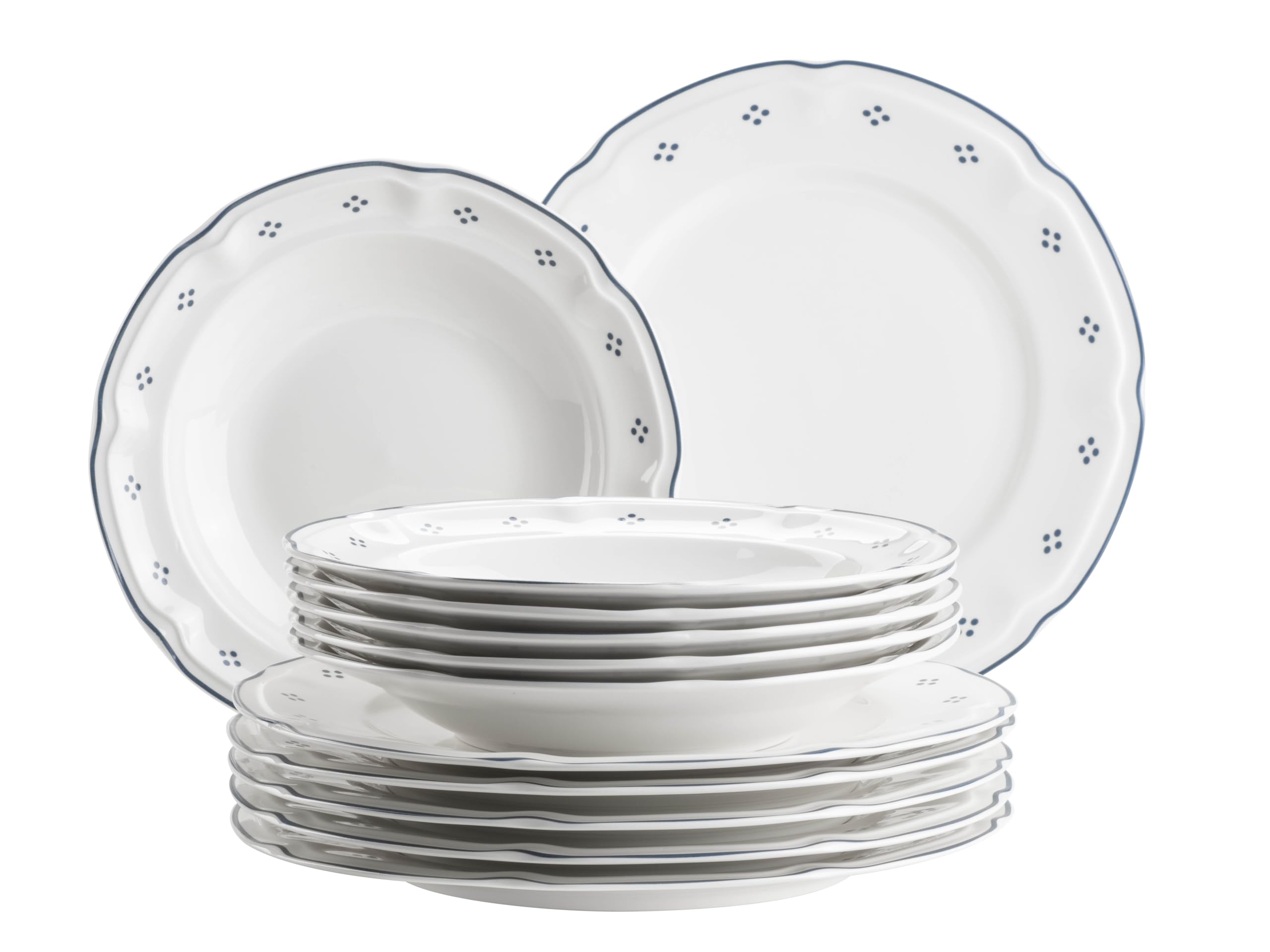 Mäser Lova Series 12-Piece Porcelain Dinner Set - 6 Dinner Plates 26 cm & 6 Soup Plates 22 cm - Blue