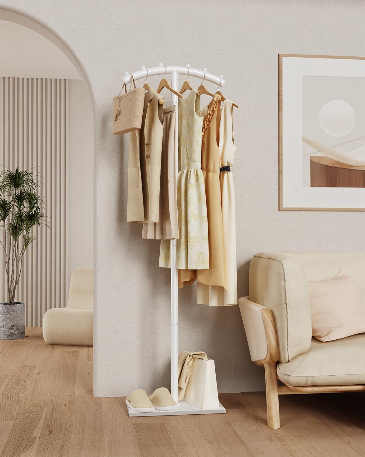 T-förmige Metall Kleiderbügel, Garderobenständer mit Rock Slab Base, Modern Gekrümmte Freistehend Kleiderständer, für Kleidung, Taschen and Schuh, 175 cm, Weiß